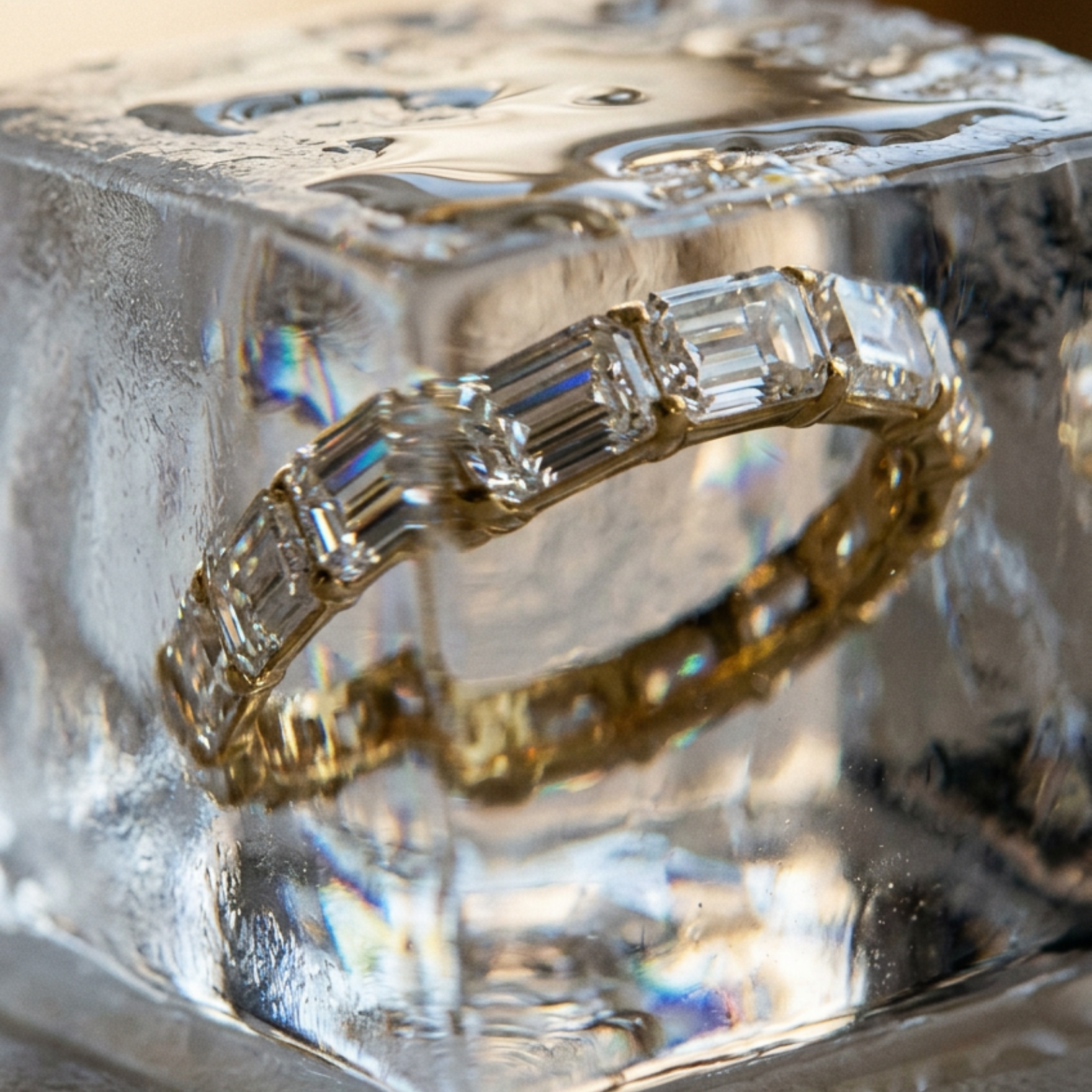 an east-west emerald cut lab diamond eternity band floating in a block of ice