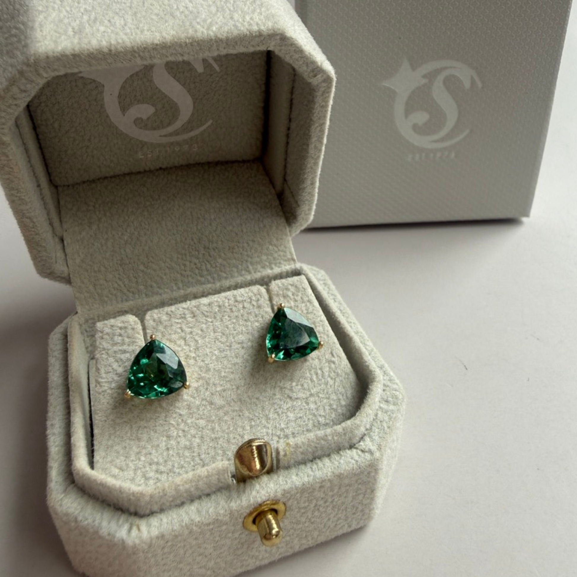 Green Topaz Earrings | Trillion Cut | 14K Yellow Gold
