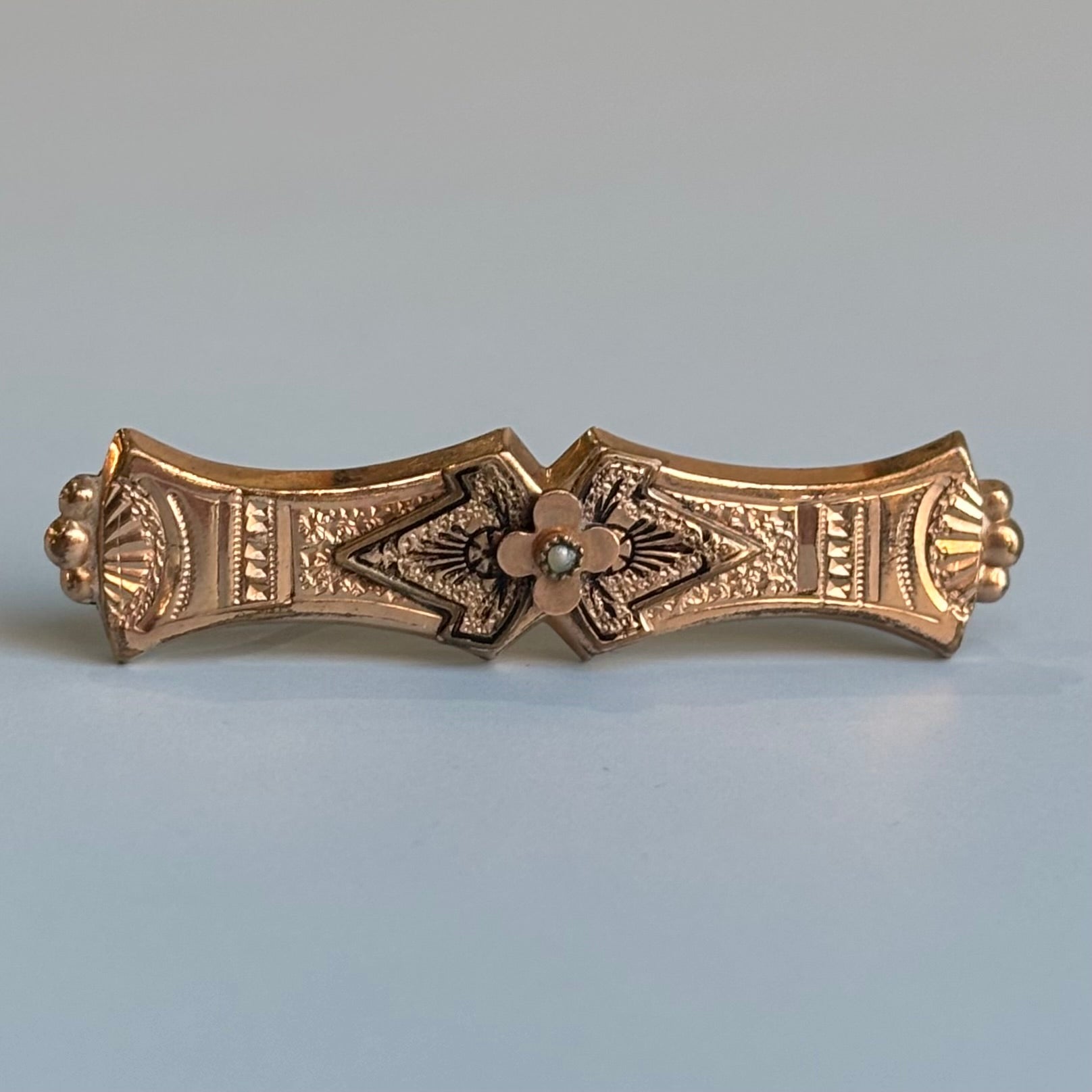 Victorian Black Enamel & Pearl Bar Pin | 10k Yellow Gold | Vintage