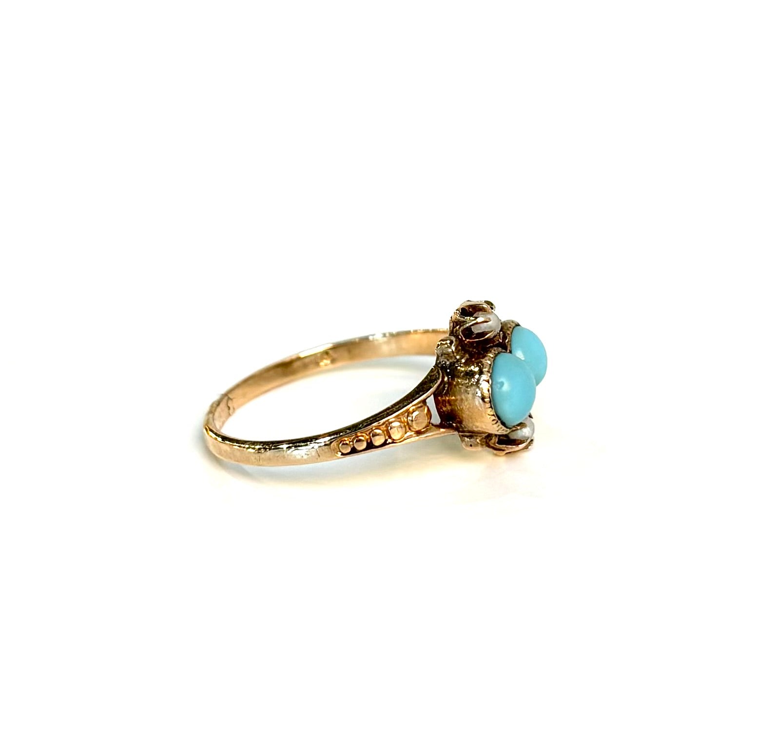 Victorian Double Turquoise Cabochon & Pearl Ring | 10k Yellow Gold | Vintage