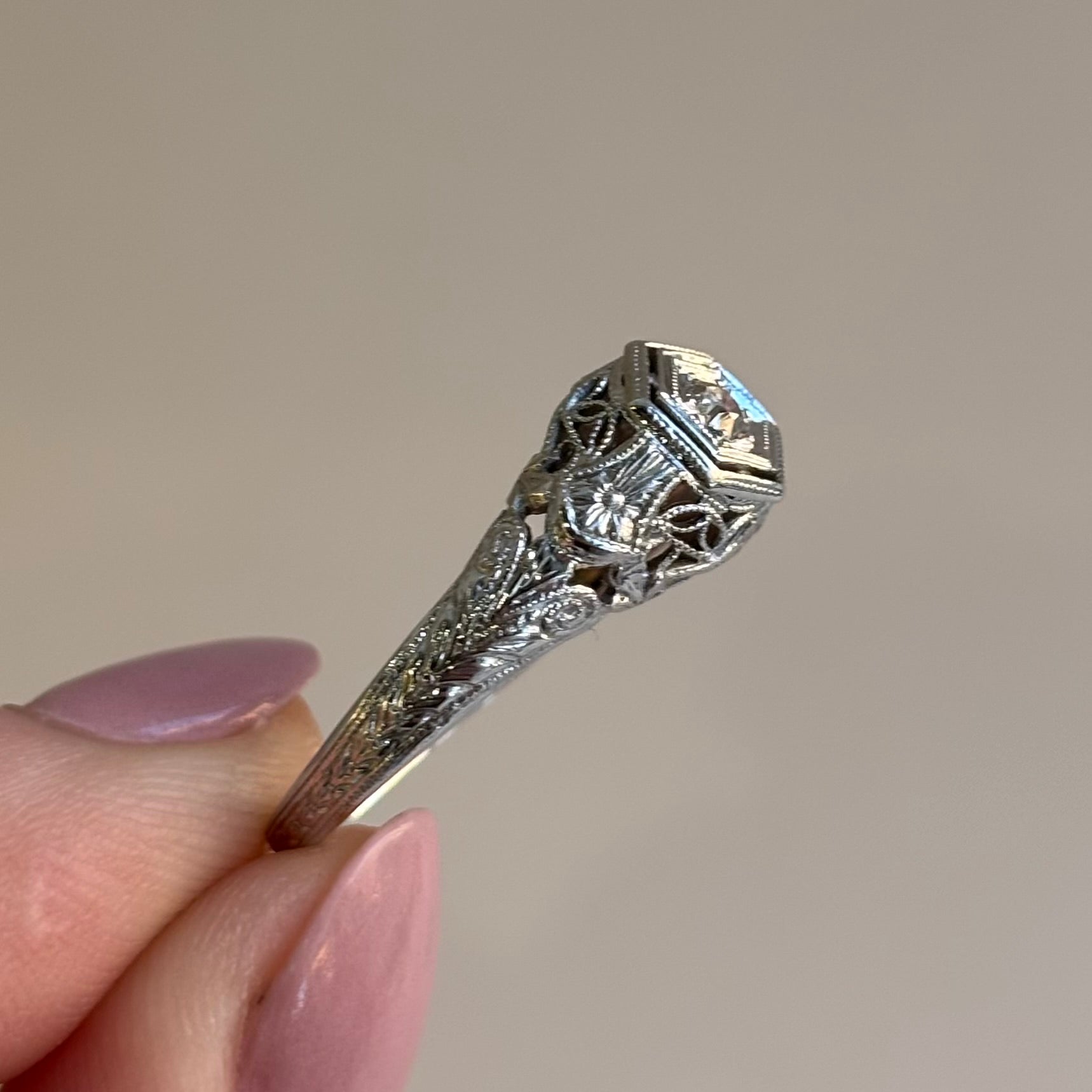 Art Deco Diamond Hexagonal Bezel Filigree Ring | 18k White Gold | Vintage