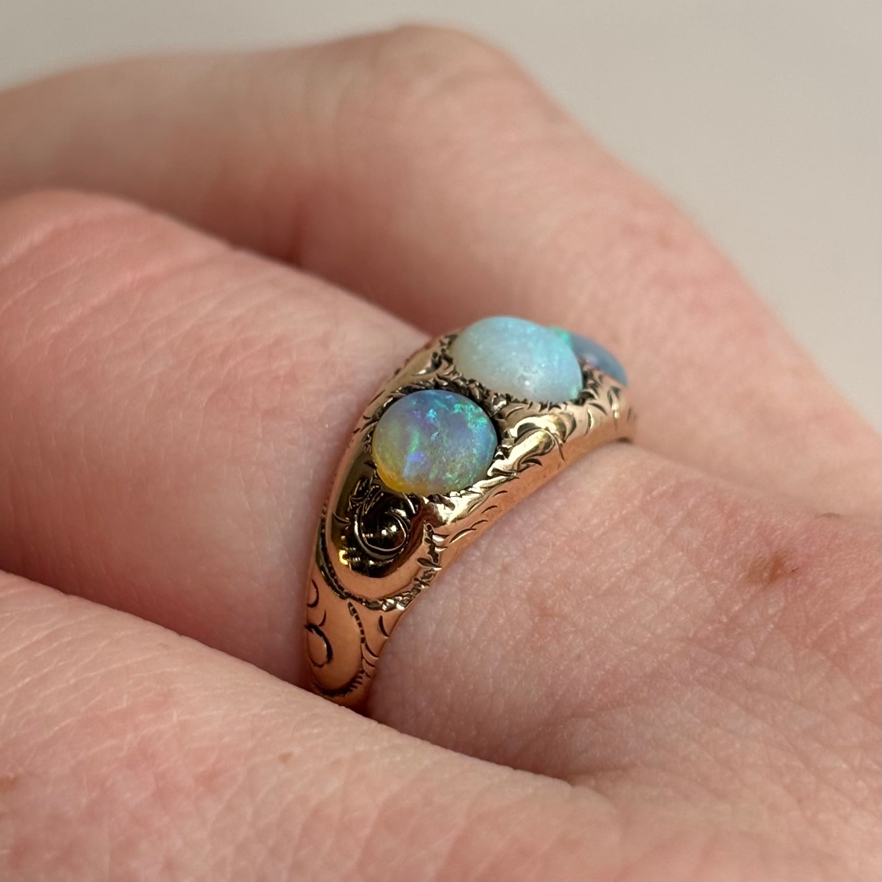 Gypsy Set Three Stone Opal Ring | 14K Yellow Gold | Vintage