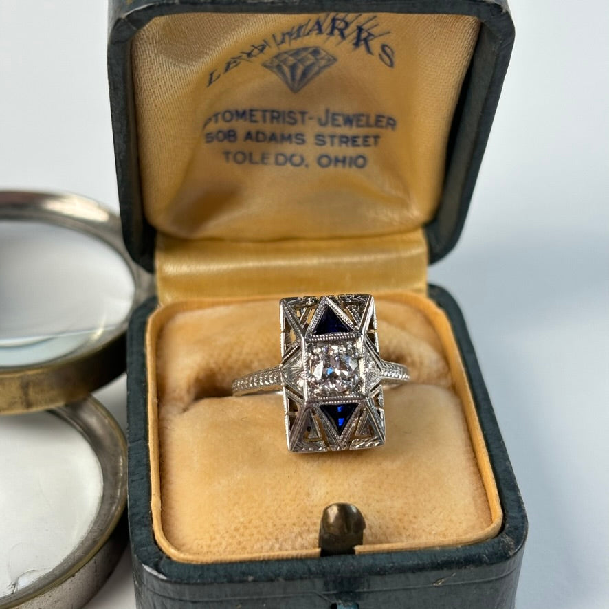 Art Deco Diamond & Sapphire Ring | 20K White Gold | Vintage