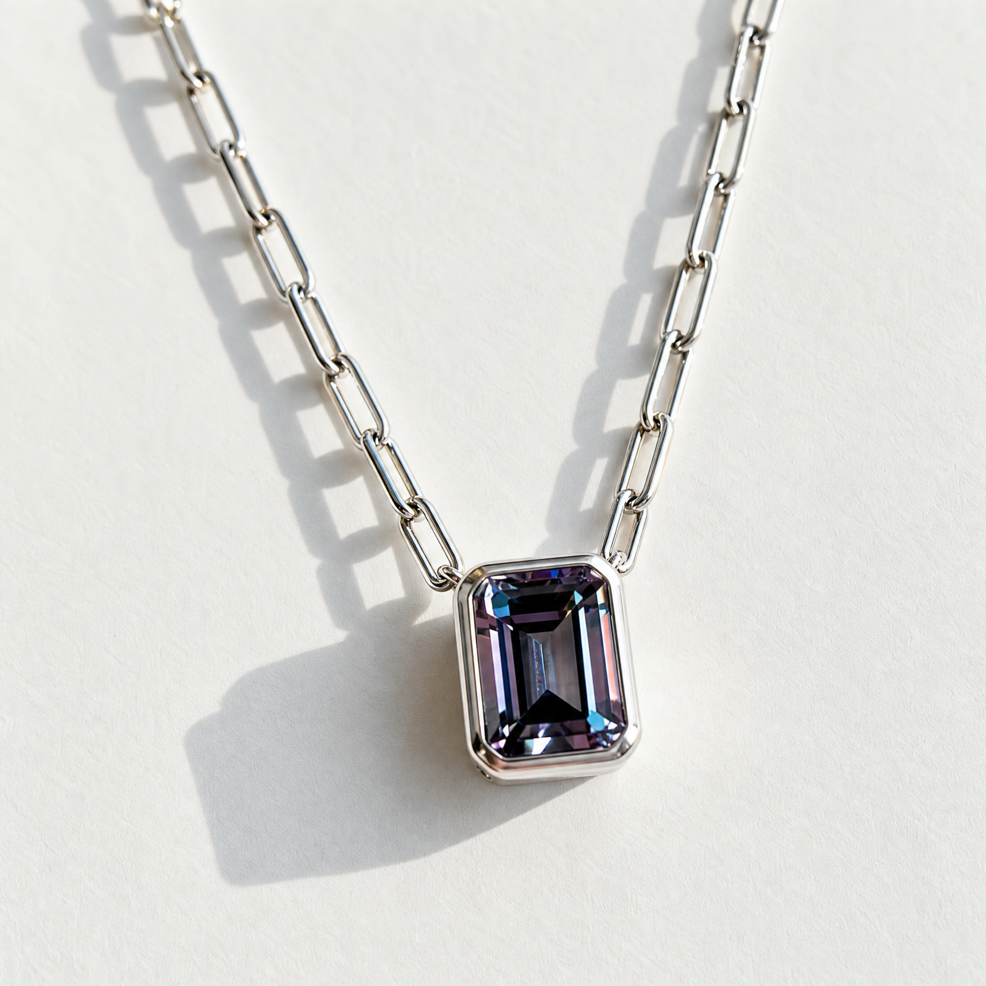 The Gemstone Bezel Necklace | Paperclip Chain | Alexandrite | Sterling Silver