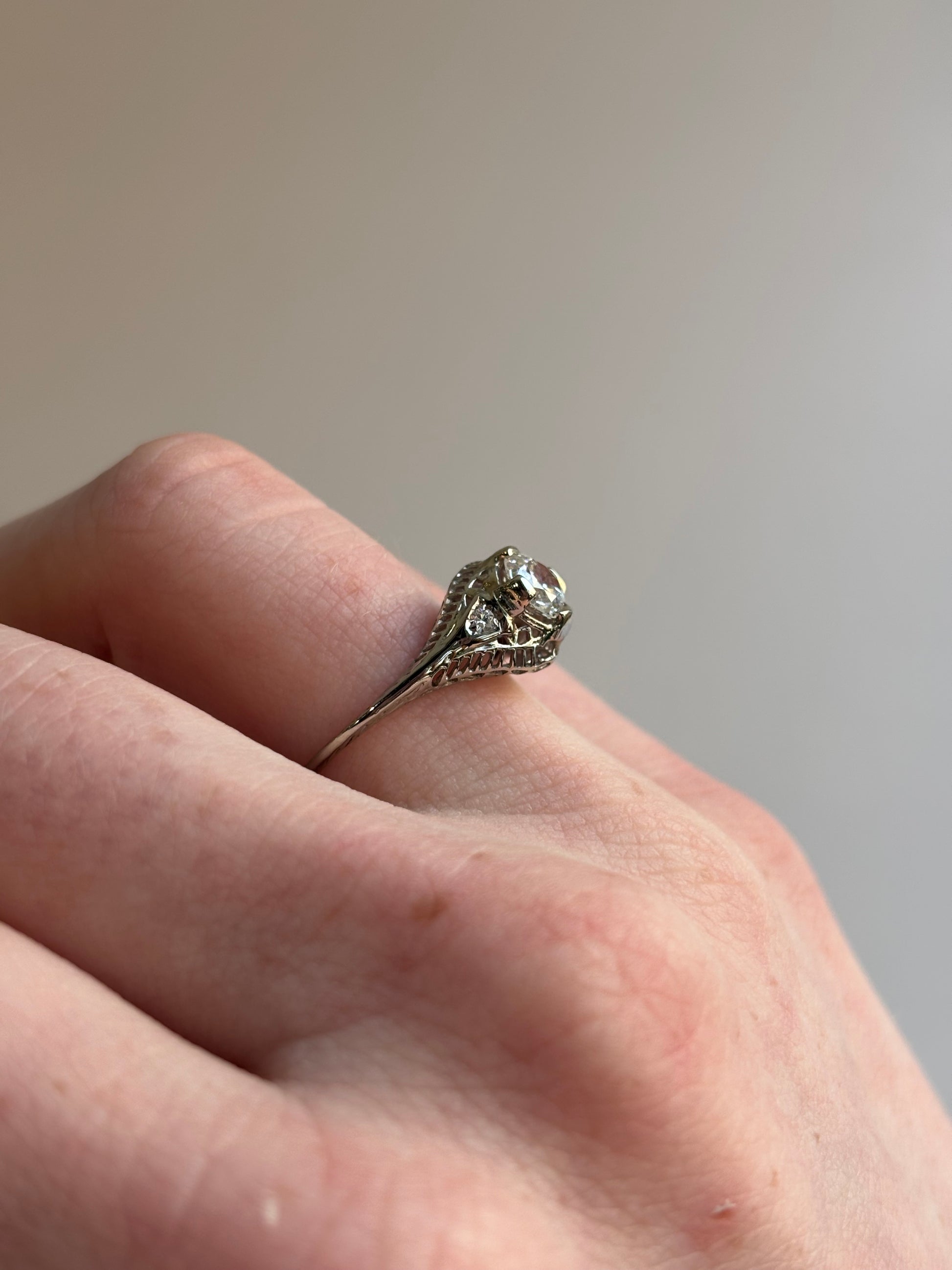 Art Deco 0.52ct Diamond Filigree Engagement Ring | 18k White Gold | Vintage