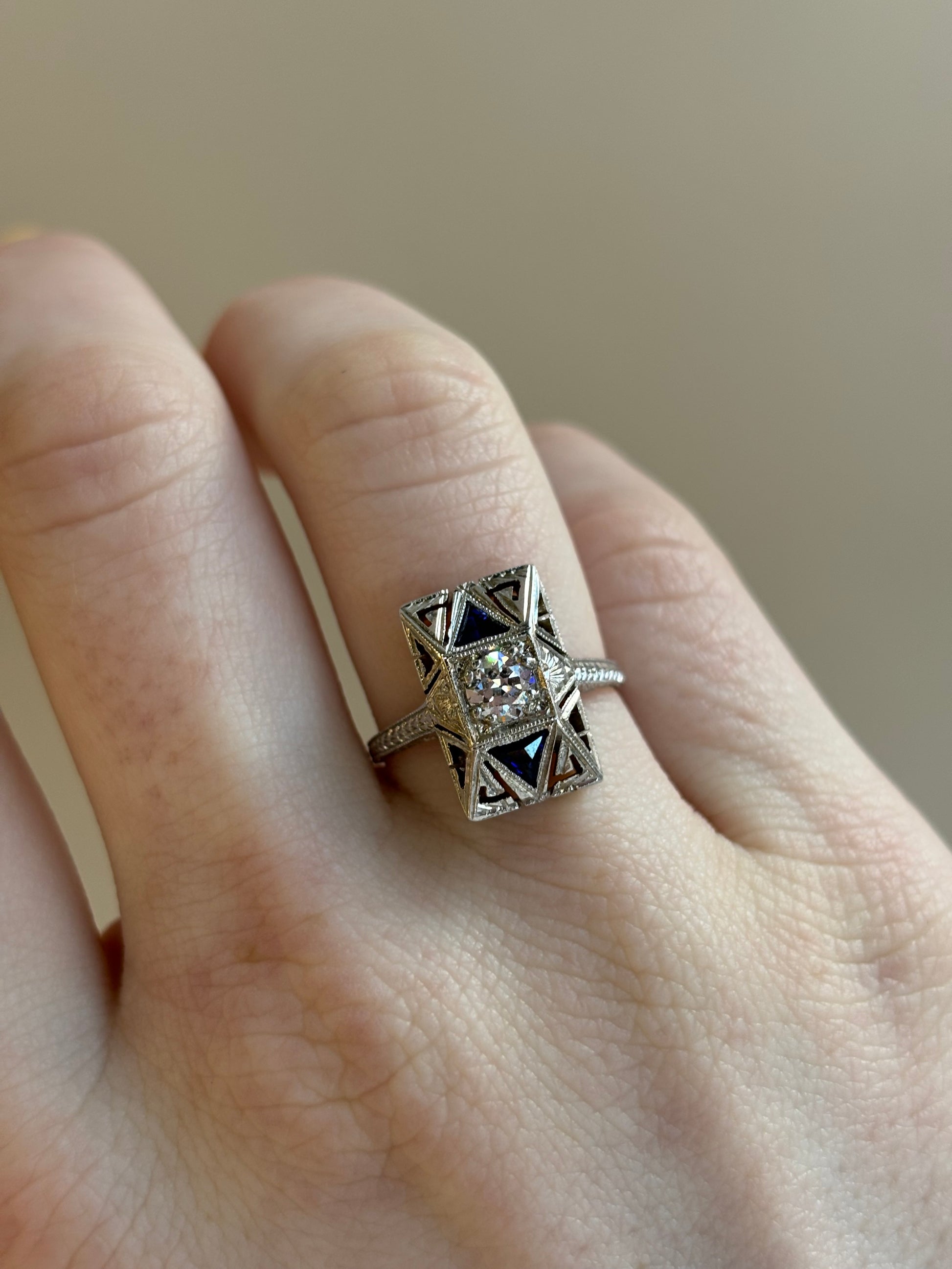 Art Deco Diamond & Sapphire Ring | 20K White Gold | Vintage