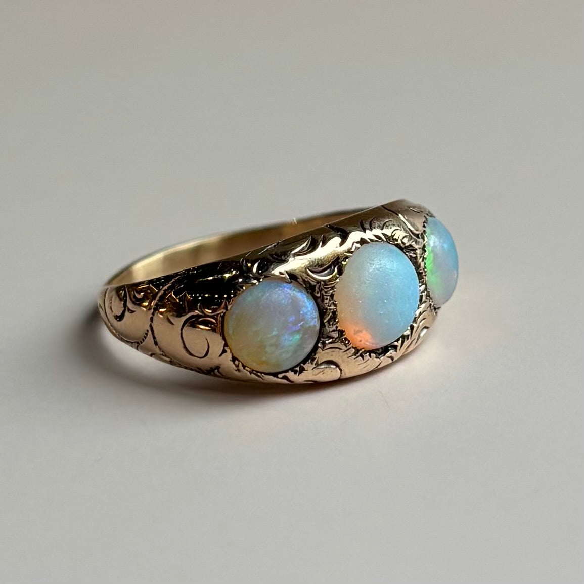 Gypsy Set Three Stone Opal Ring | 14K Yellow Gold | Vintage