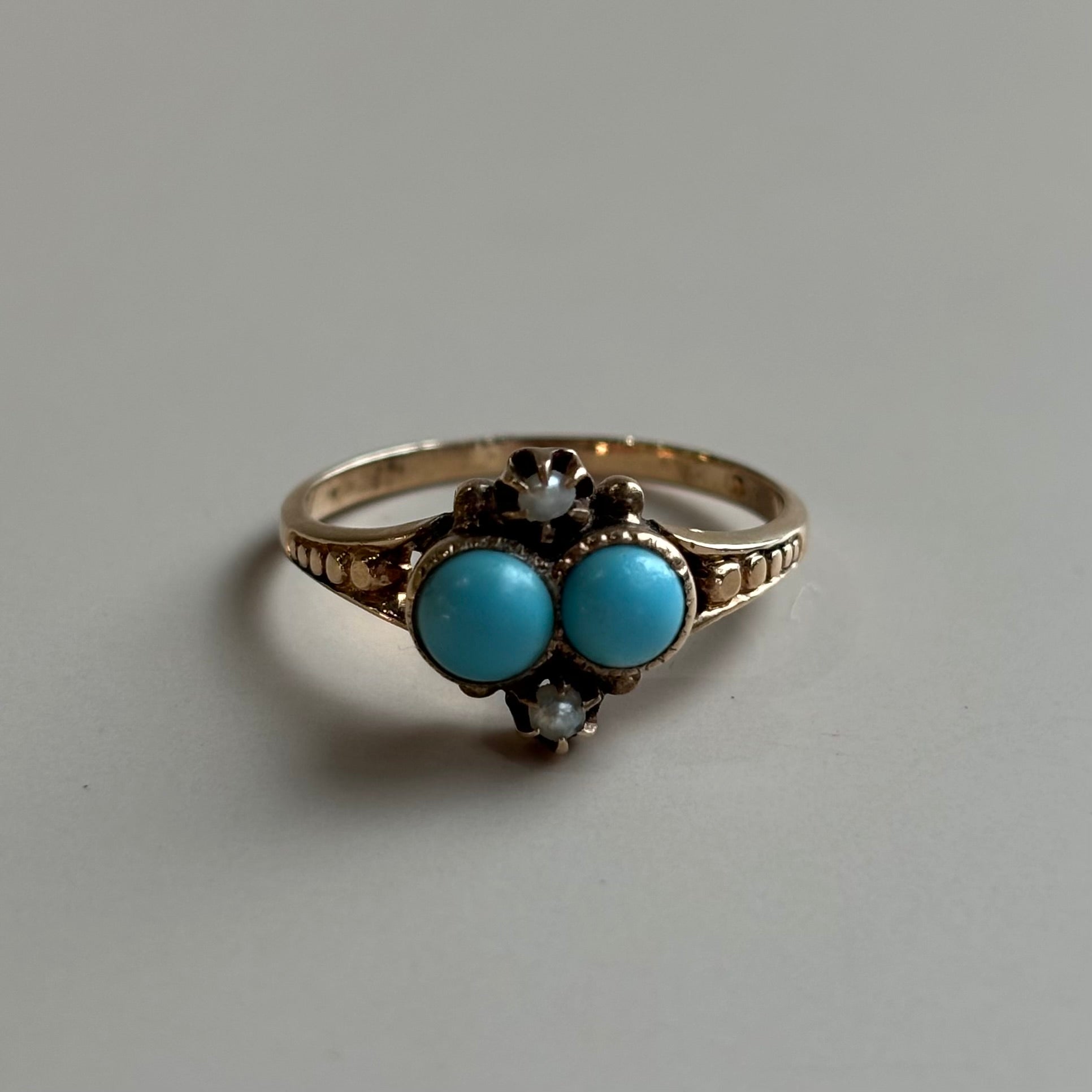 Victorian Double Turquoise Cabochon & Pearl Ring | 10k Yellow Gold | Vintage