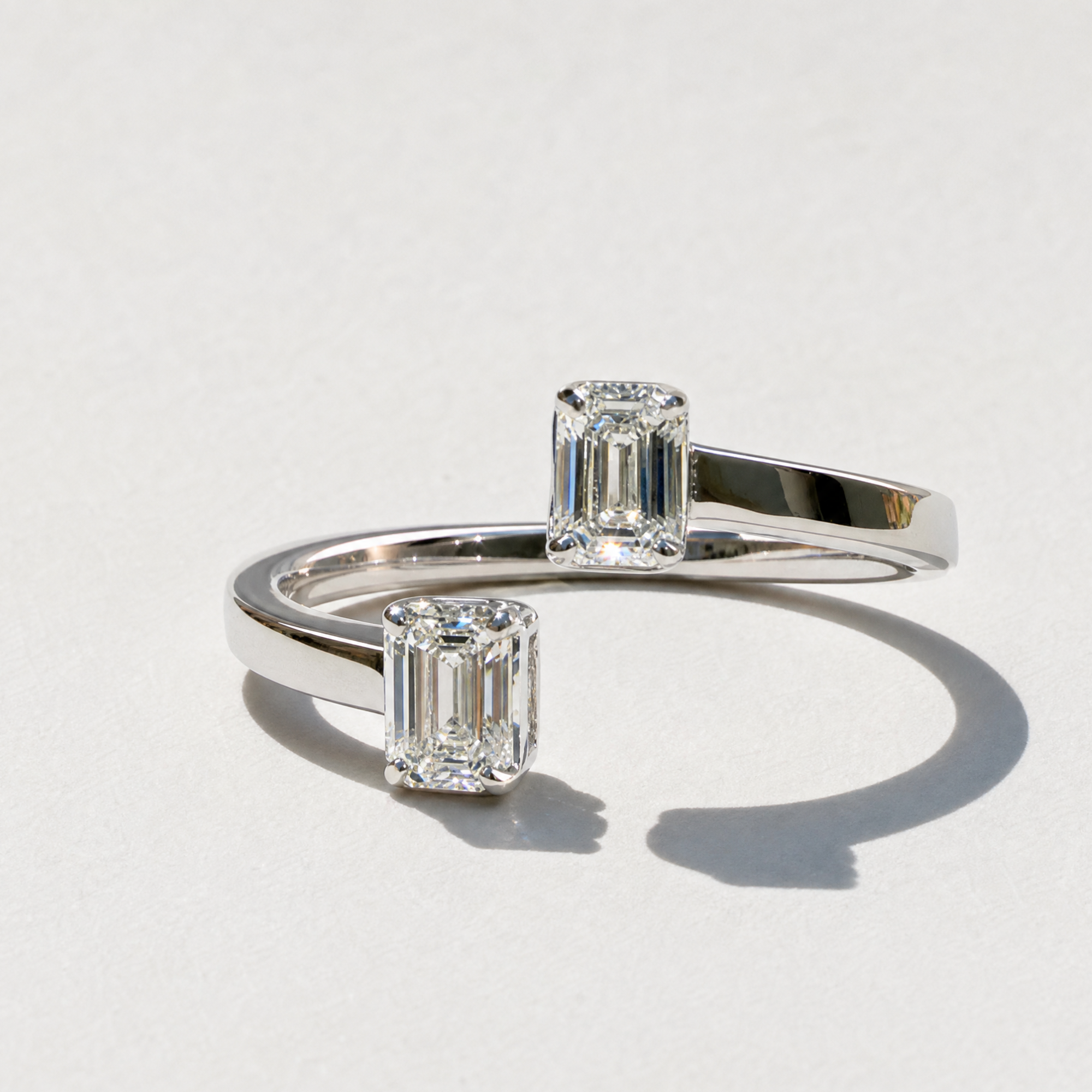 Emerald Cut Diamond Bypass Ring | 14K White Gold