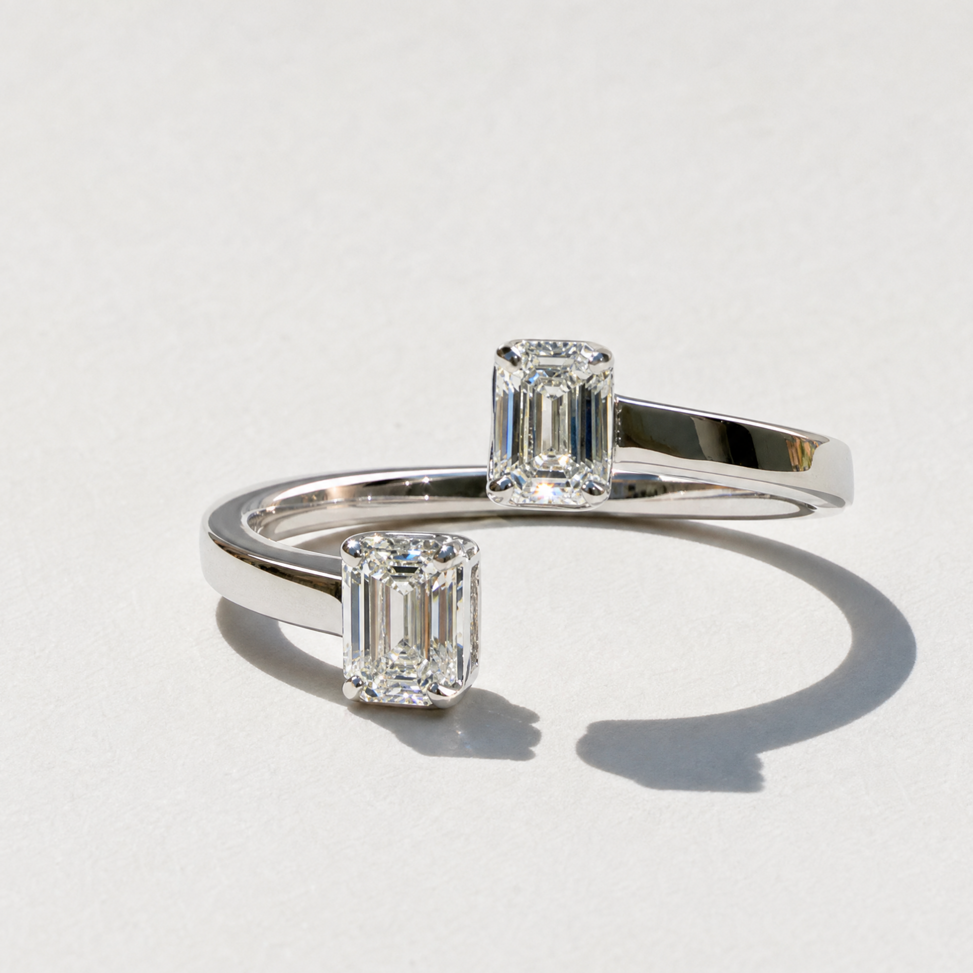 Emerald Cut Diamond Bypass Ring | 14K White Gold