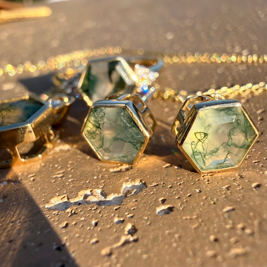 Hexagon Moss Agate Studs | 14K Yellow Gold
