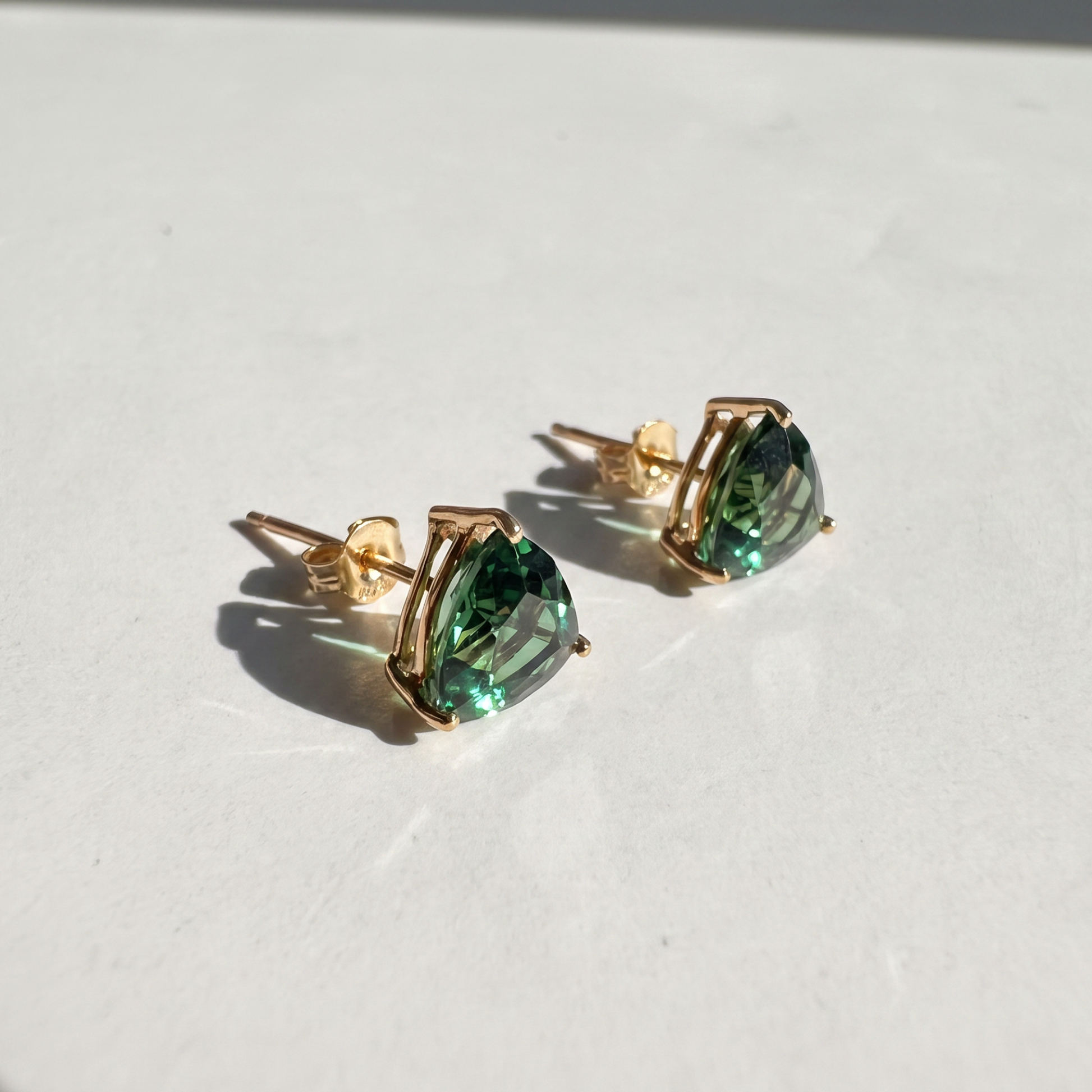 Green Topaz Earrings | Trillion Cut | 14K Yellow Gold