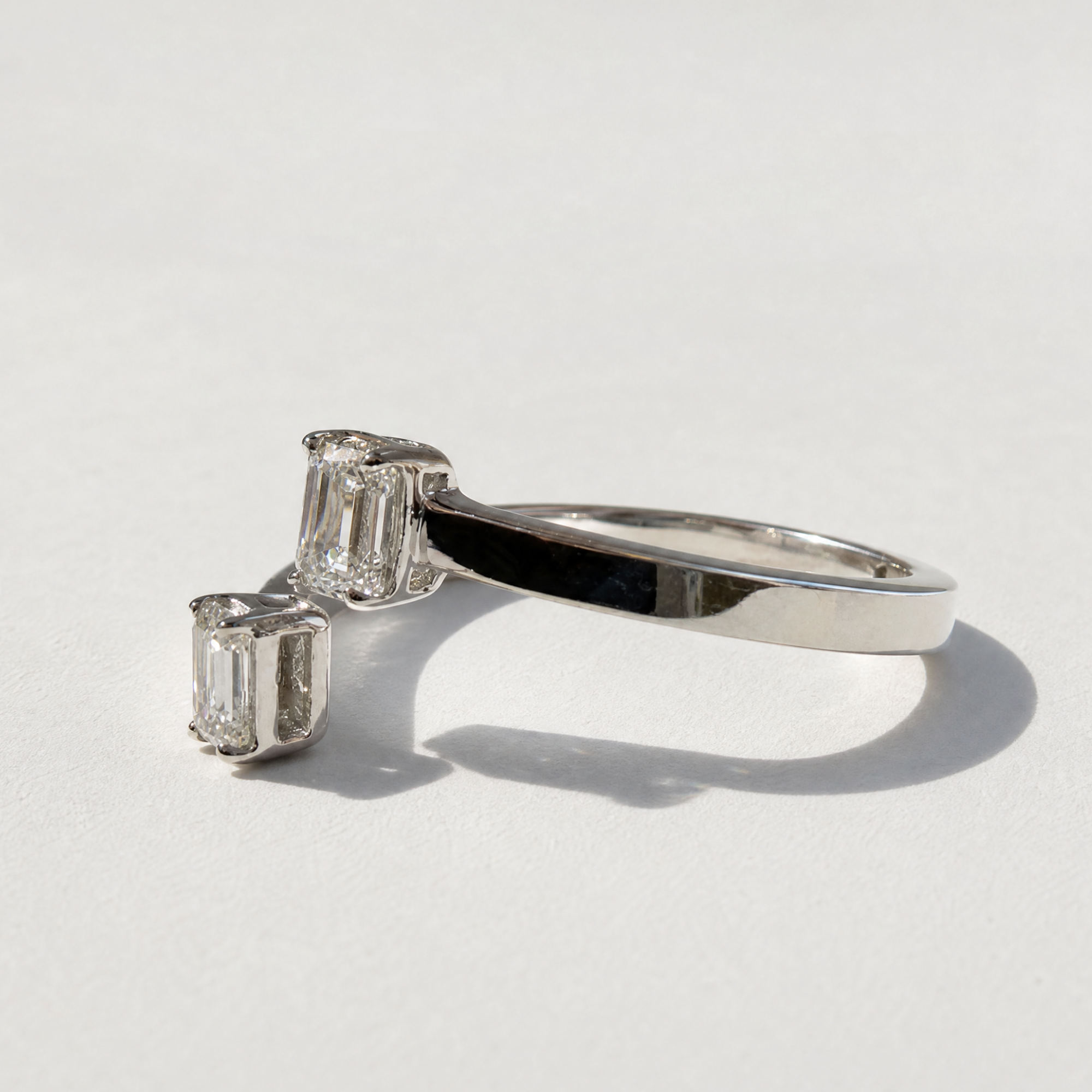 Emerald Cut Diamond Bypass Ring | 14K White Gold