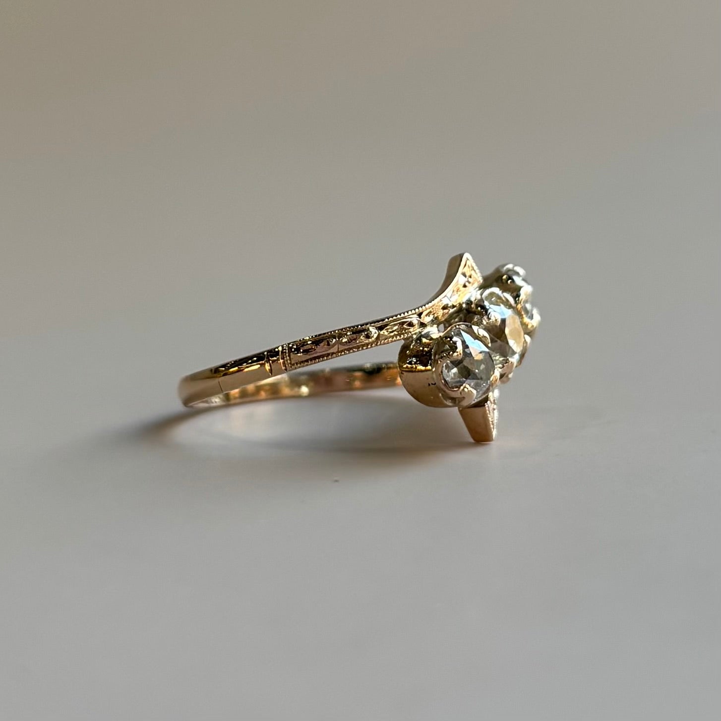 1.0ct Old Mine Cut Diamond Three Stone Bypass Ring | 14k Yellow Gold | Vintage