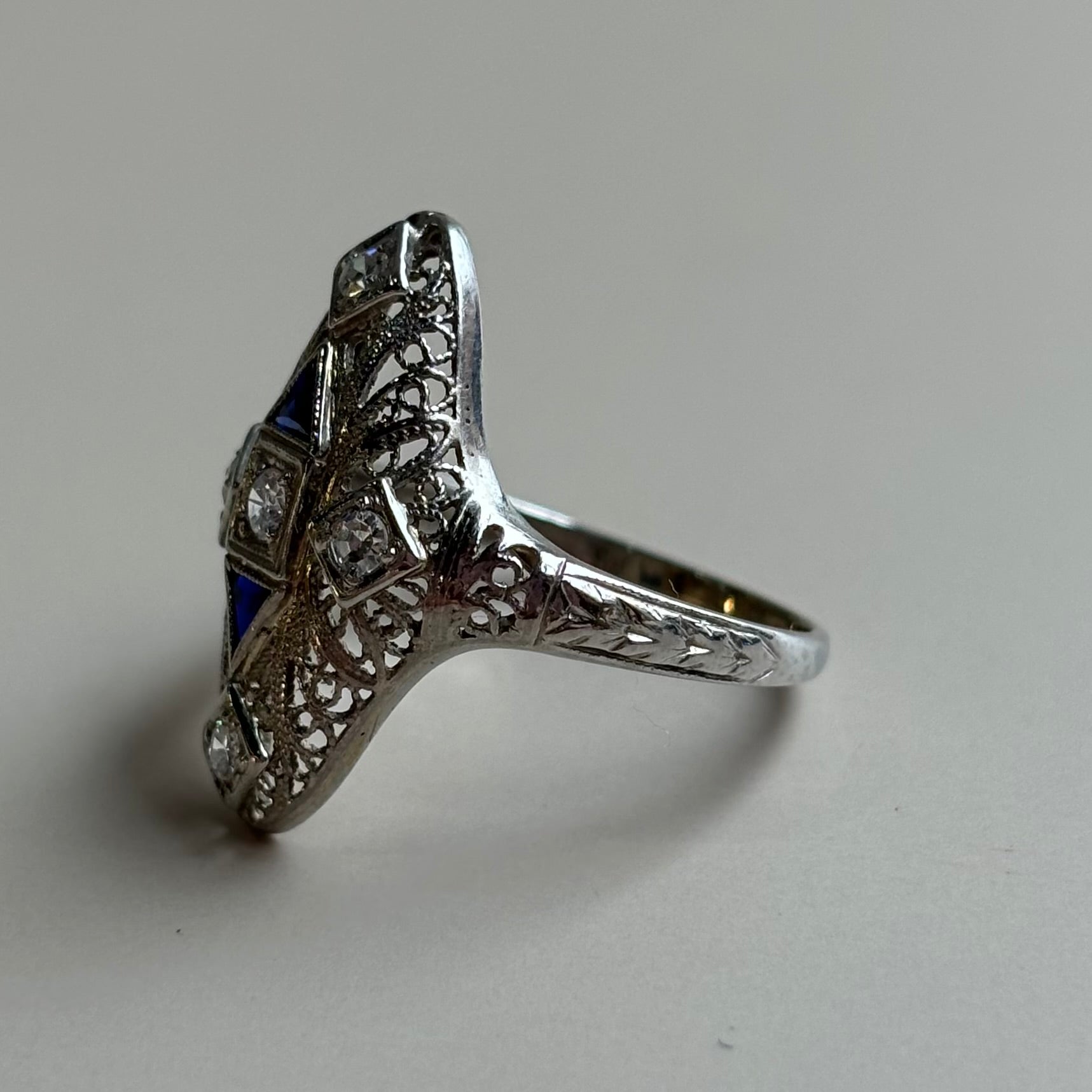 Art Deco Navette Blue Sapphire & Diamond Floral Filigree Ring | 18k White Gold | Vintage