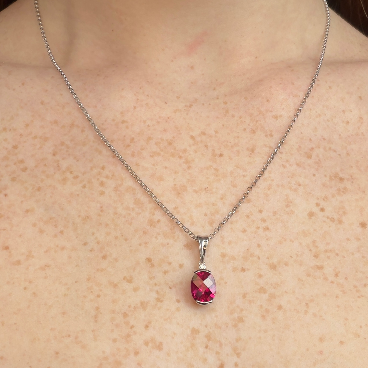 Half Bezel Ruby Pendant Necklace | Oval | Sterling Silver
