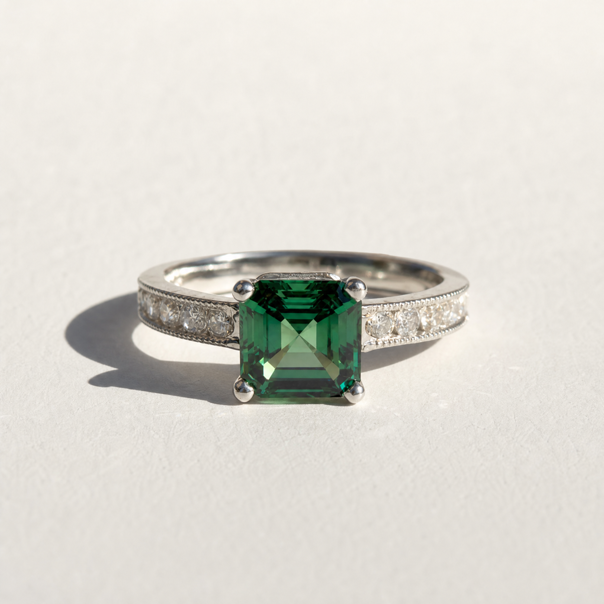 Green Tourmaline and Diamond Ring | 14K White Gold