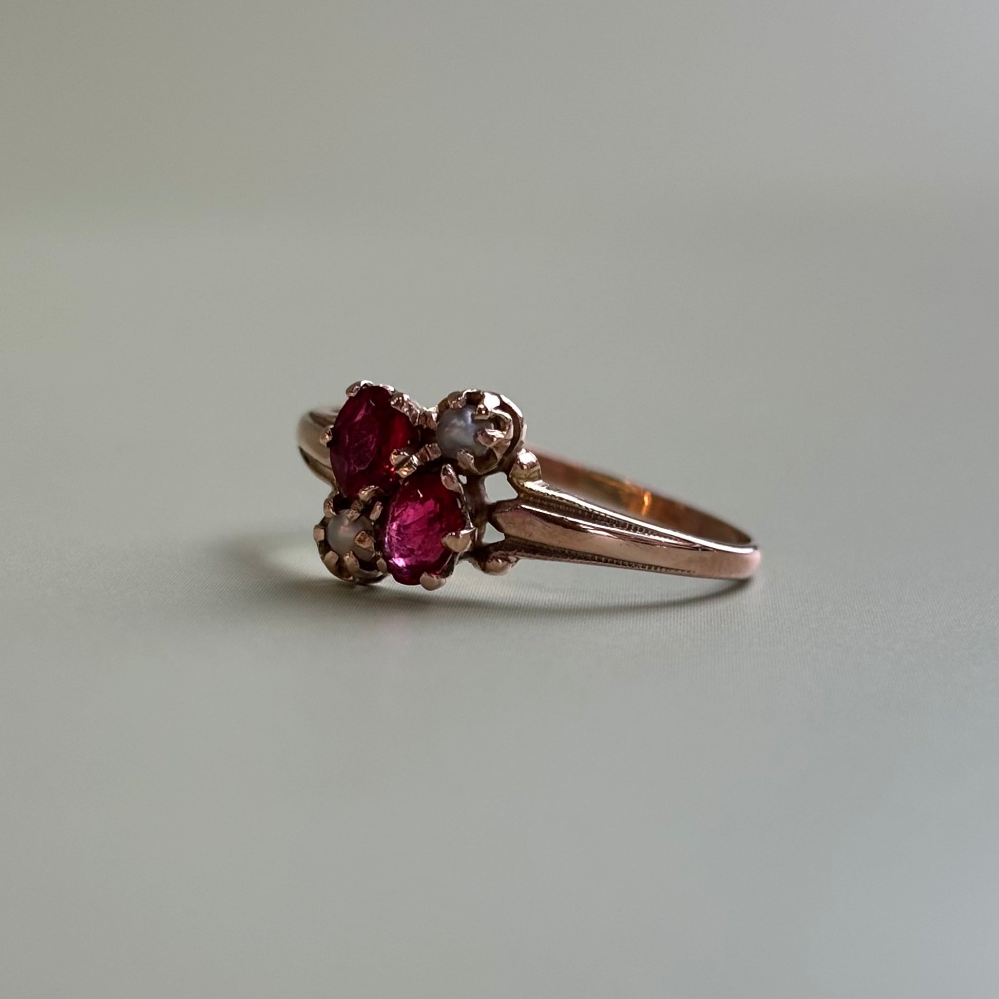 Victorian Synthetic Ruby & Seed Pearl Cluster Ring | 10k Yellow Gold | Vintage