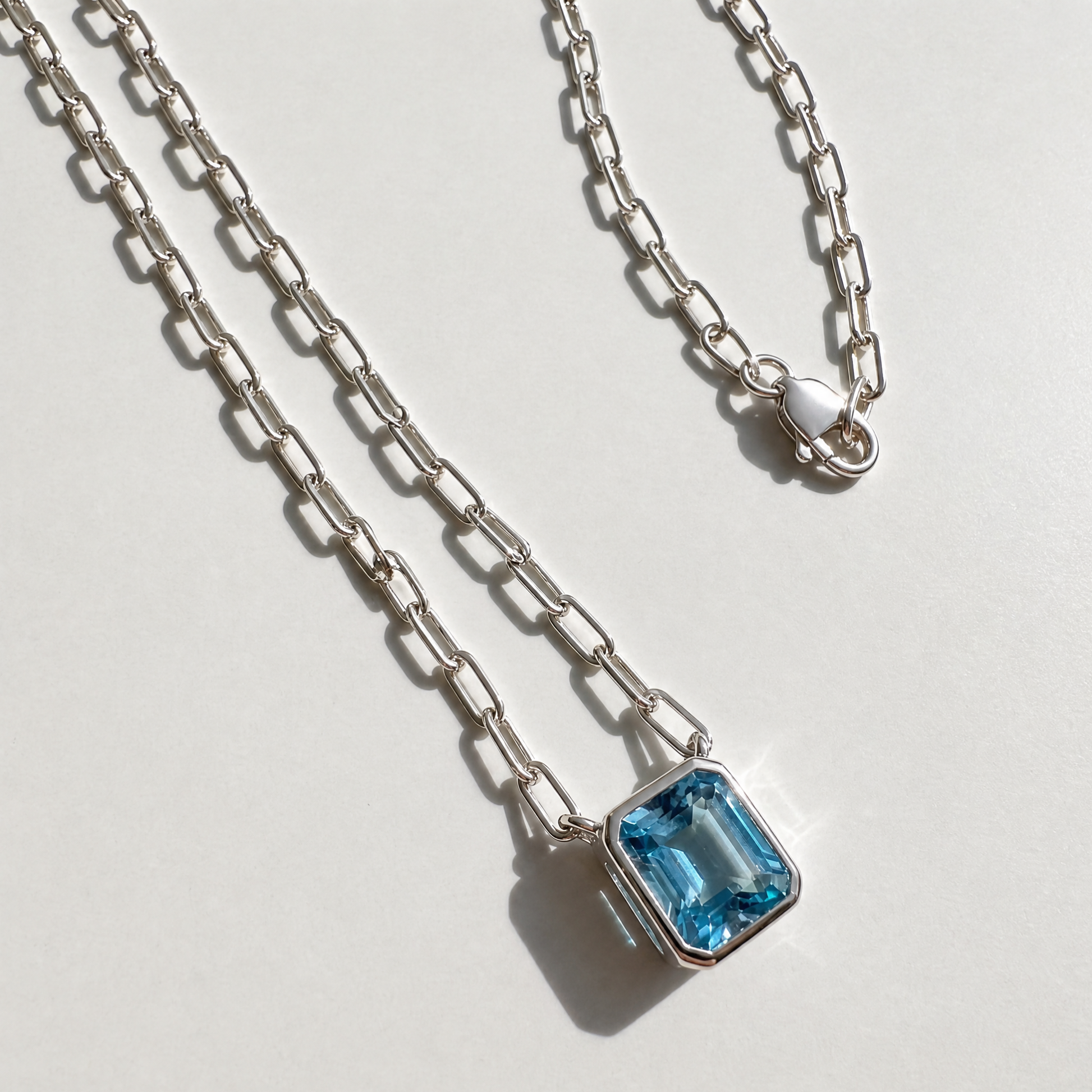 The Gemstone Bezel Necklace | Paperclip Chain | Blue Topaz | Sterling Silver