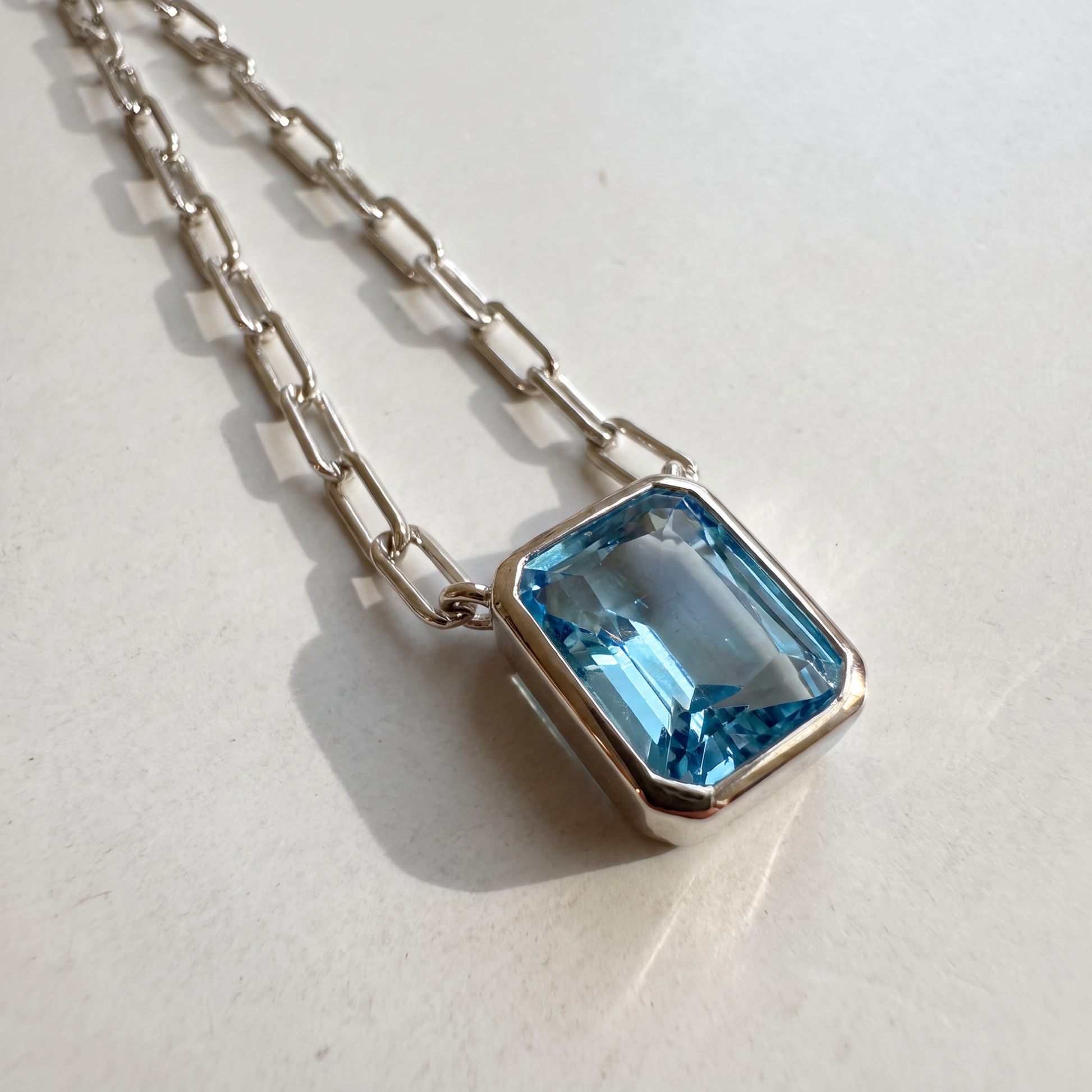 The Gemstone Bezel Necklace | Paperclip Chain | Blue Topaz | Sterling Silver