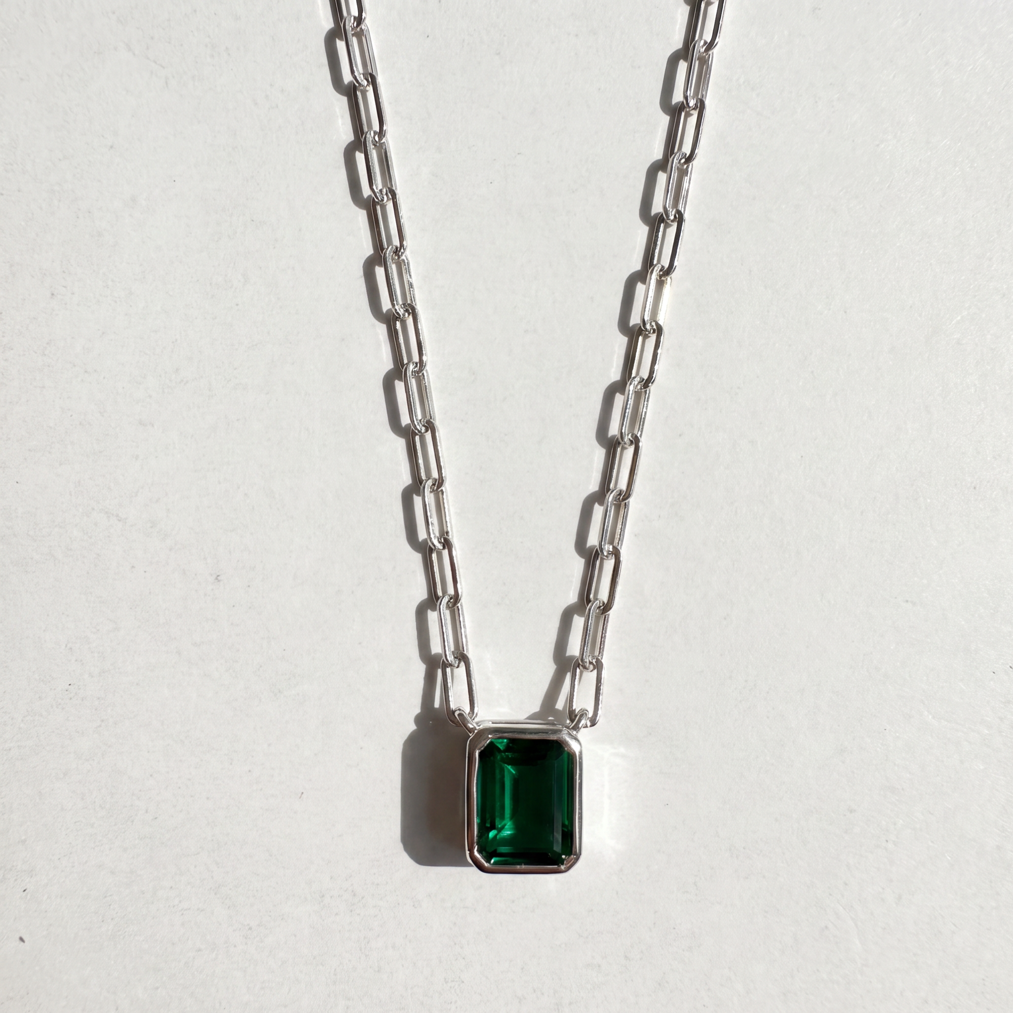 The Gemstone Bezel Necklace | Paperclip Chain | Emerald | Sterling Silver