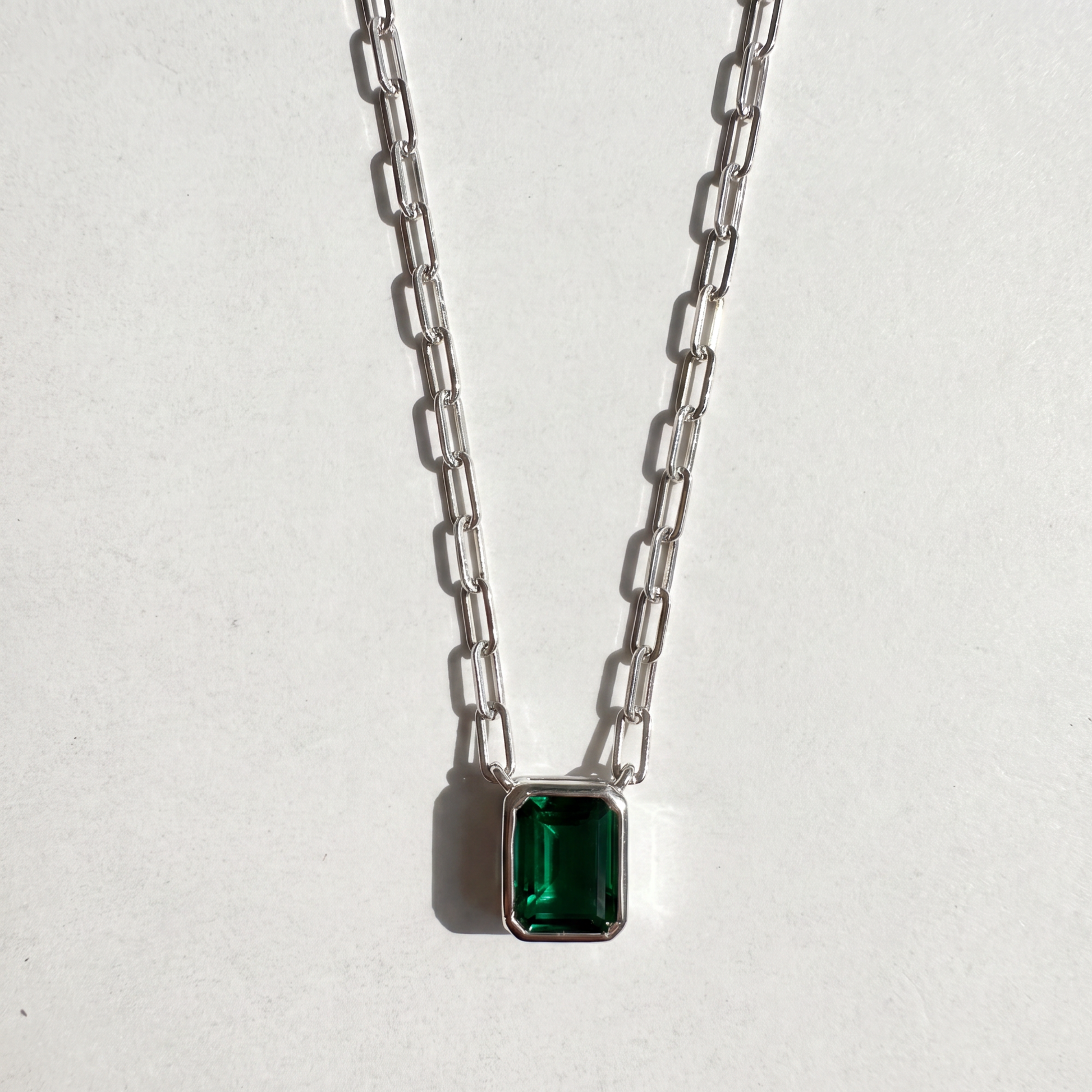 The Gemstone Bezel Necklace | Paperclip Chain | Emerald | Sterling Silver