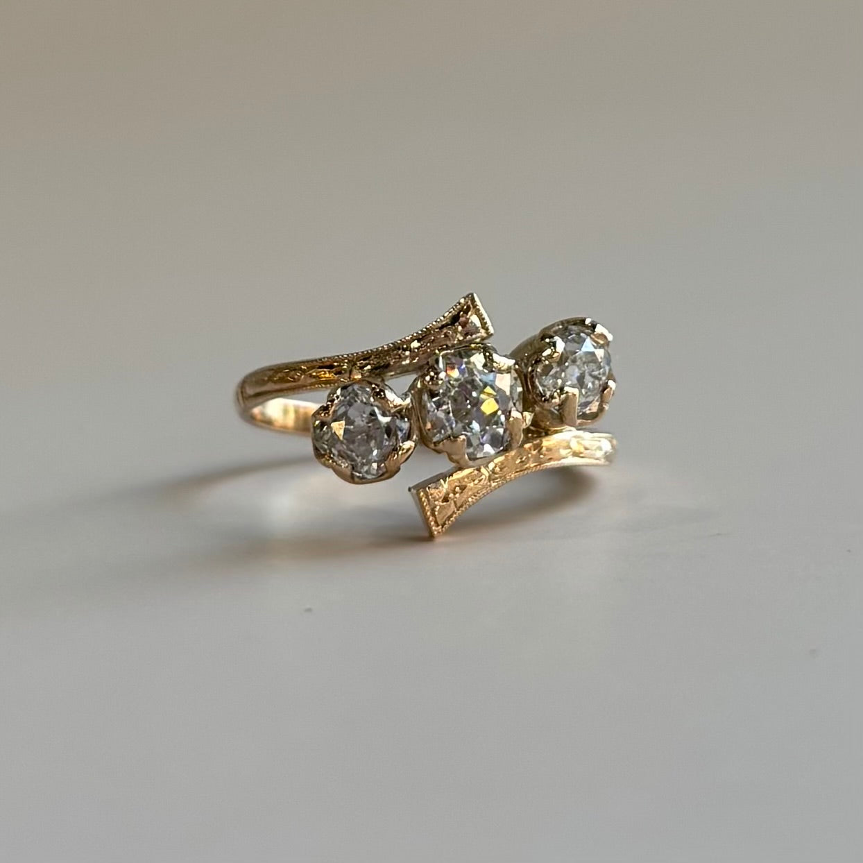 1.0ct Old Mine Cut Diamond Three Stone Bypass Ring | 14k Yellow Gold | Vintage