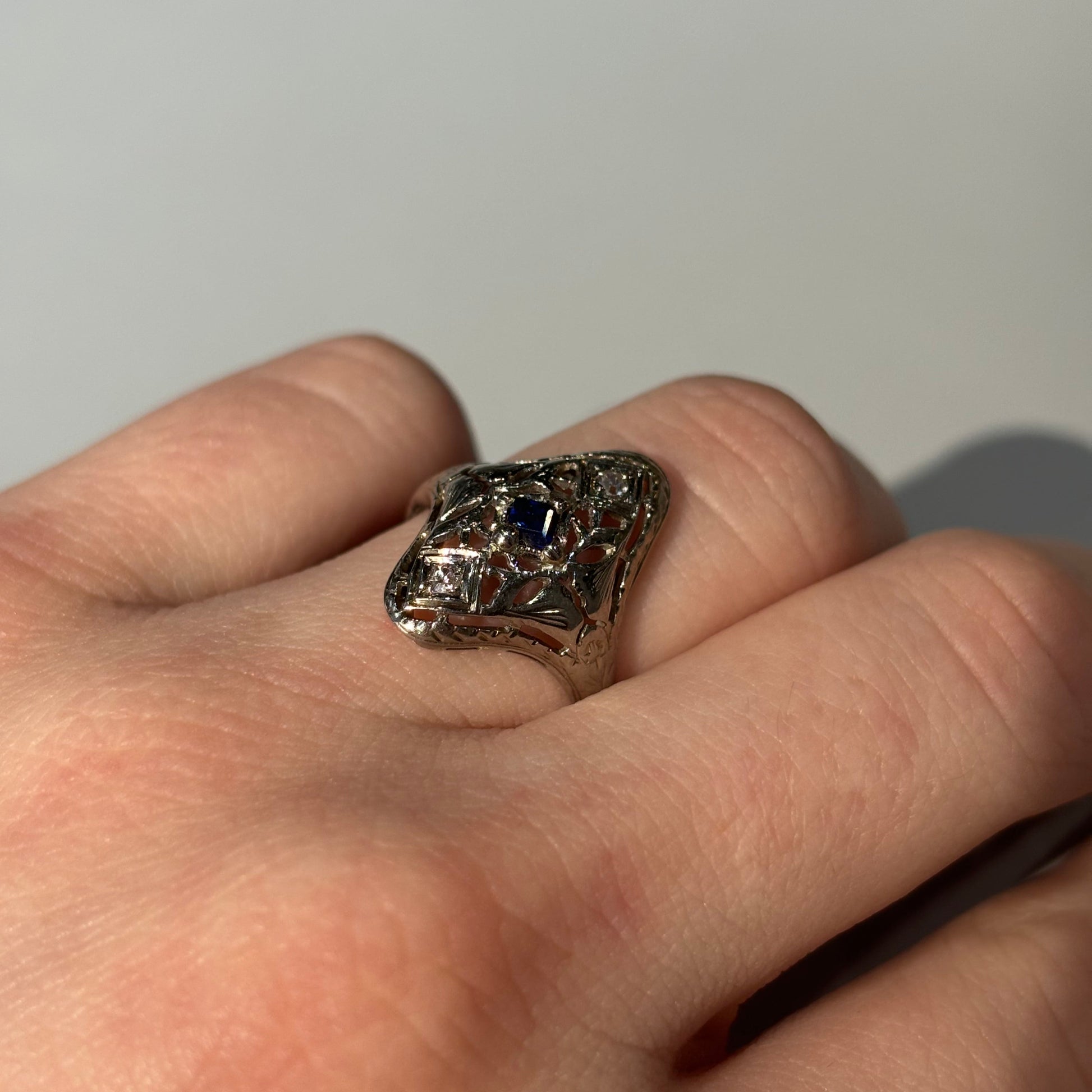 Blue Sapphire & Diamond Navette Filigree Ring | 18k White Gold | Vintage