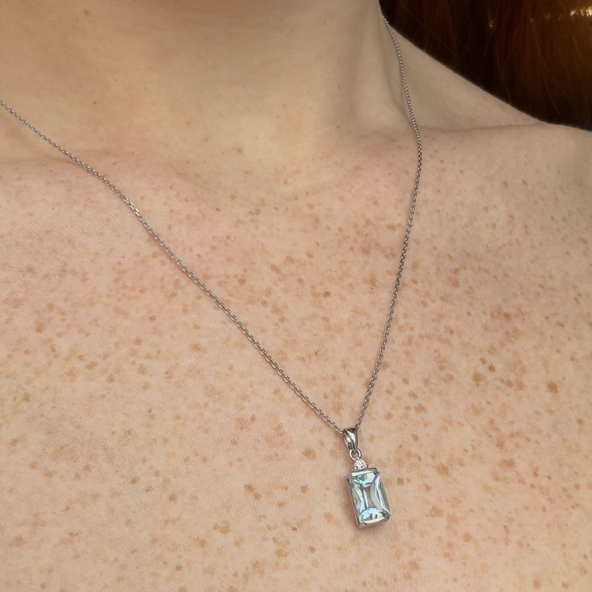 Half Bezel Aquamarine Pendant Necklace | Sterling Silver