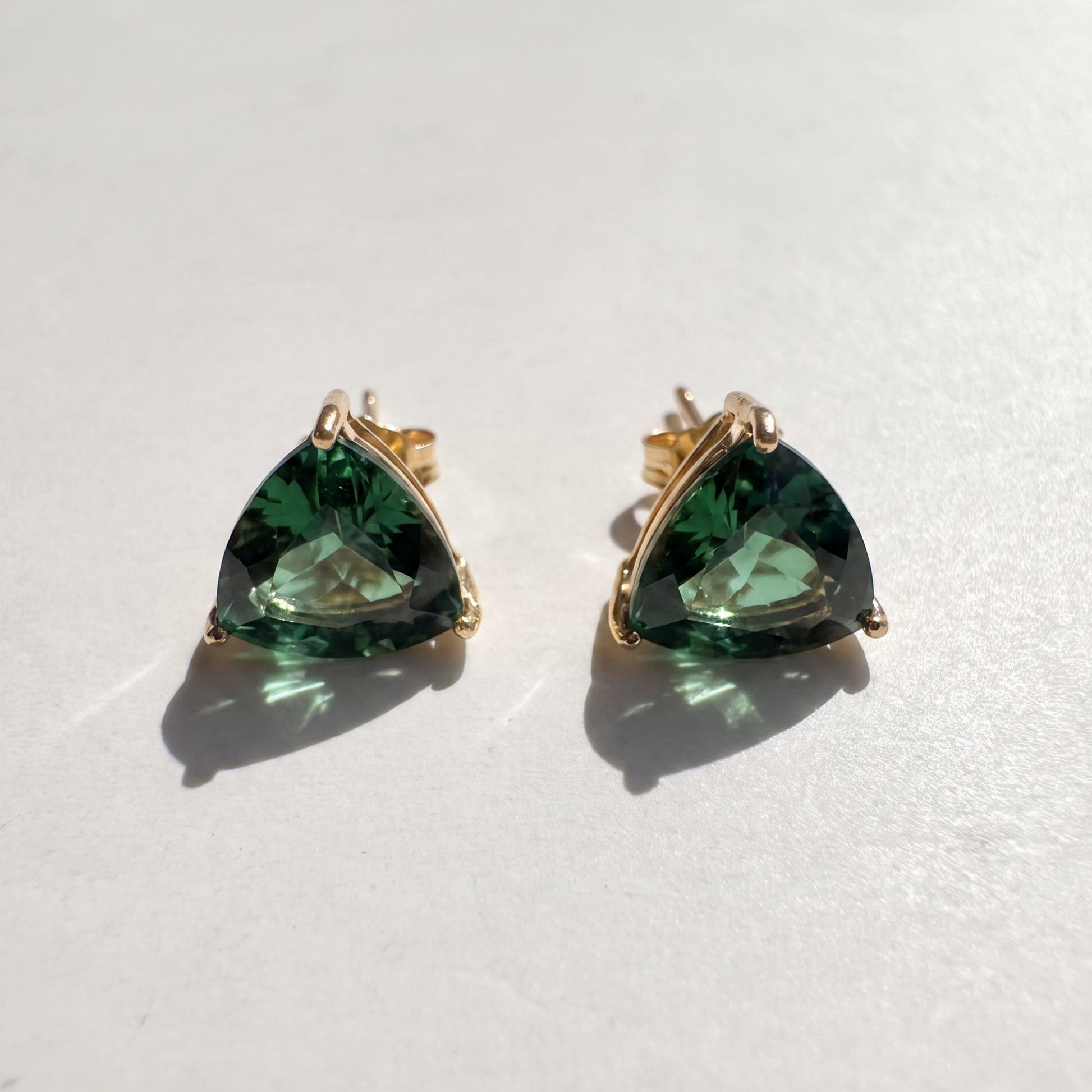 Green Topaz Earrings | Trillion Cut | 14K Yellow Gold