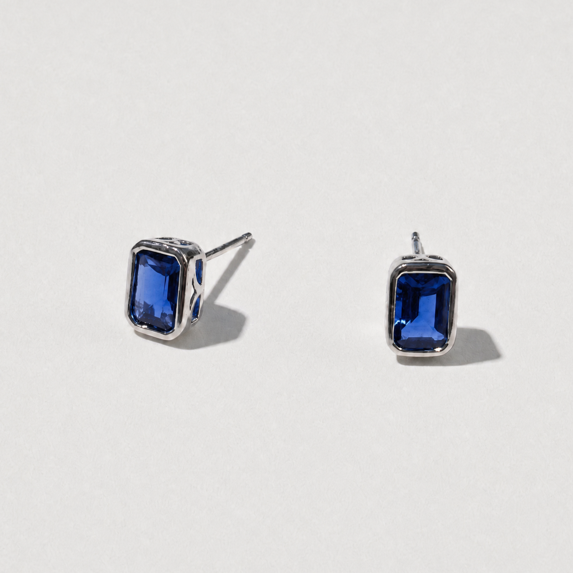 Emerald Cut Bezel Studs | Blue Sapphire | Sterling Silver