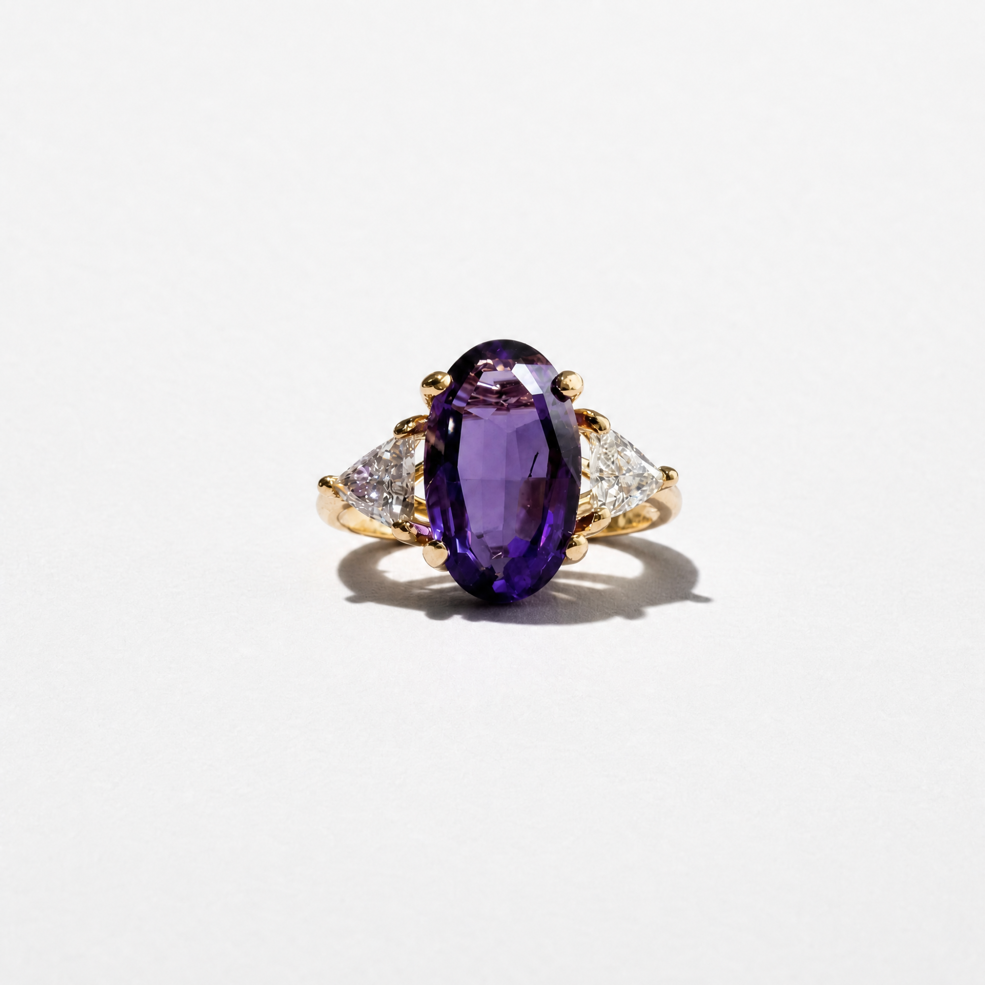 Oval Amethyst and Diamond Three Stone Ring | 14K Yellow Gold