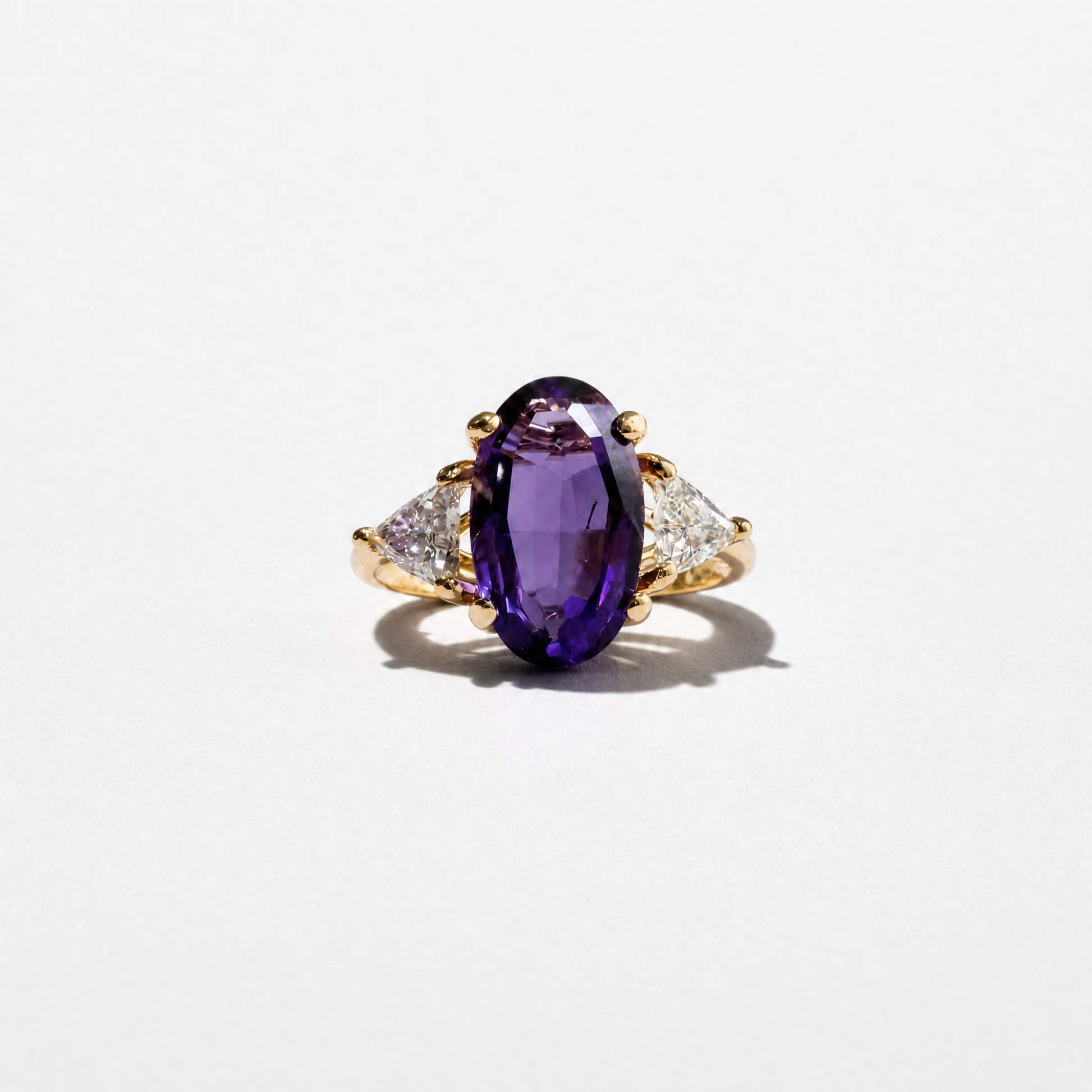 Oval Amethyst and Diamond Three Stone Ring | 14K Yellow Gold
