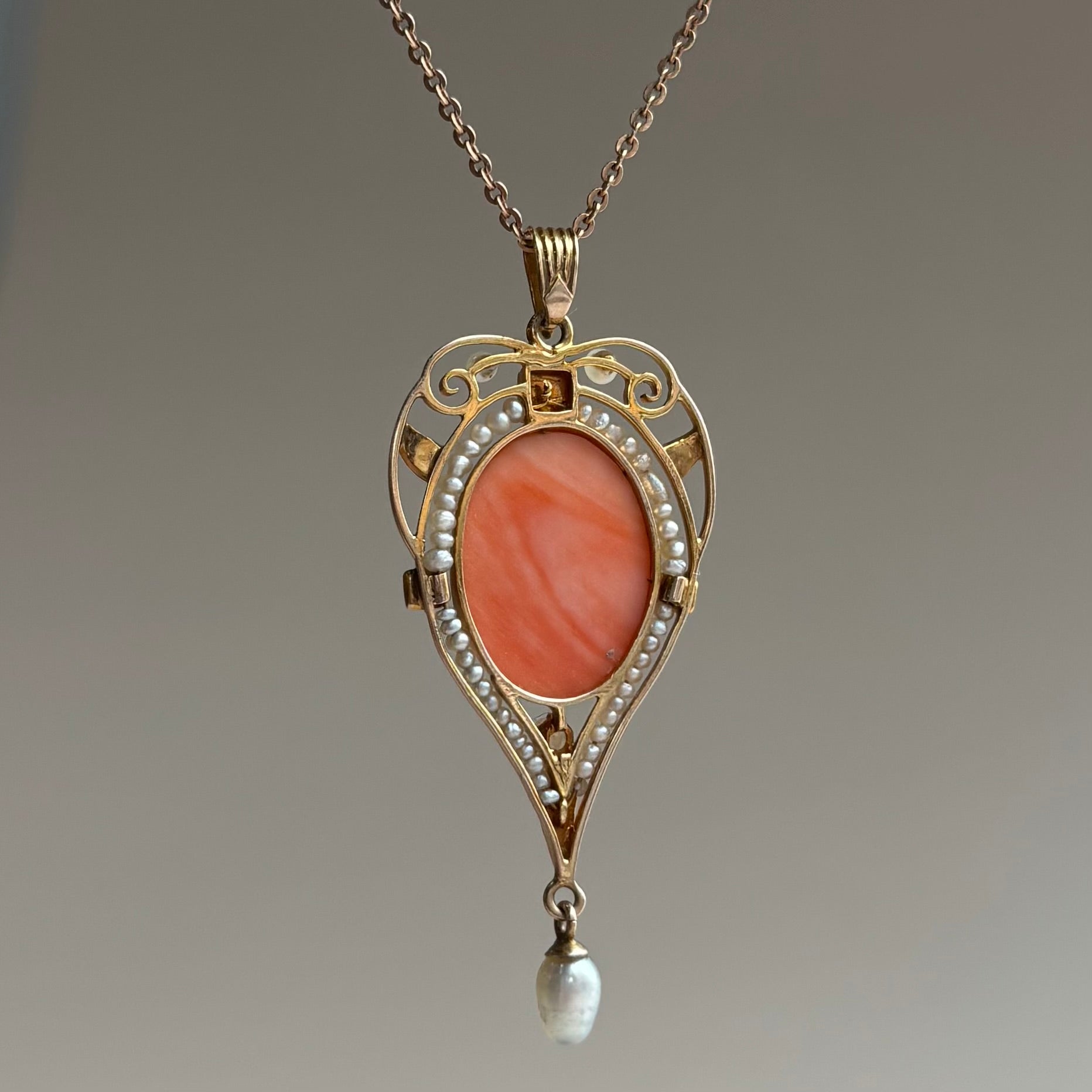 Coral Cameo & Seed Pearl Lavalier Necklace | 10k Yellow Gold | Vintage
