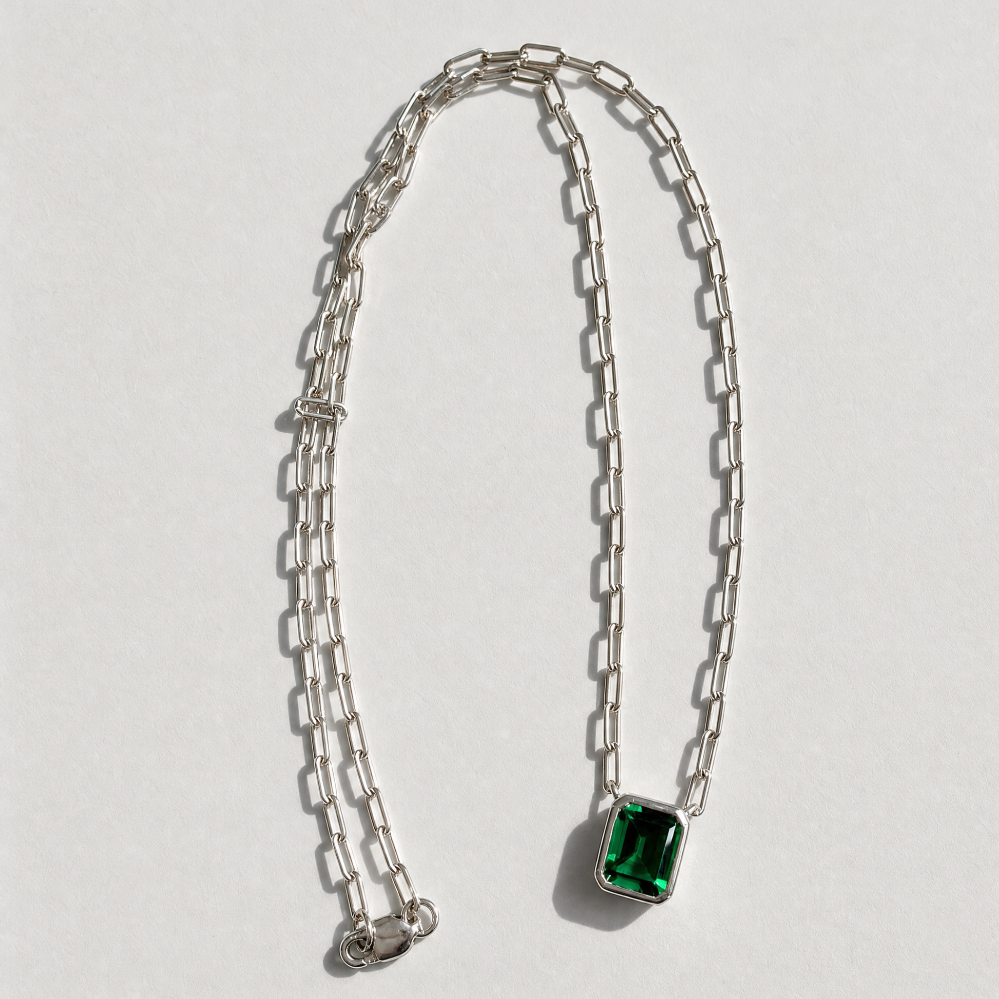The Gemstone Bezel Necklace | Paperclip Chain | Emerald | Sterling Silver