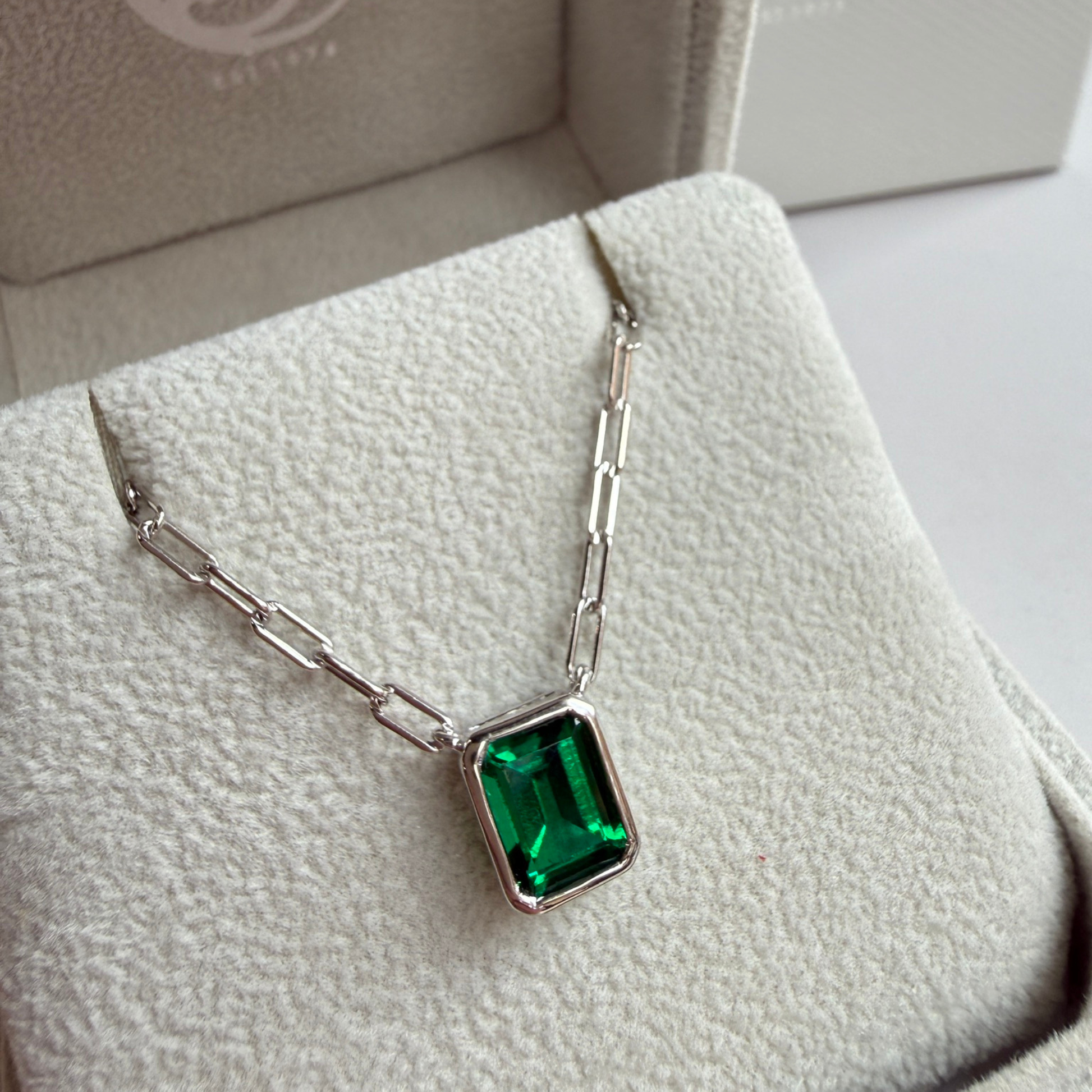 The Gemstone Bezel Necklace | Paperclip Chain | Emerald | Sterling Silver