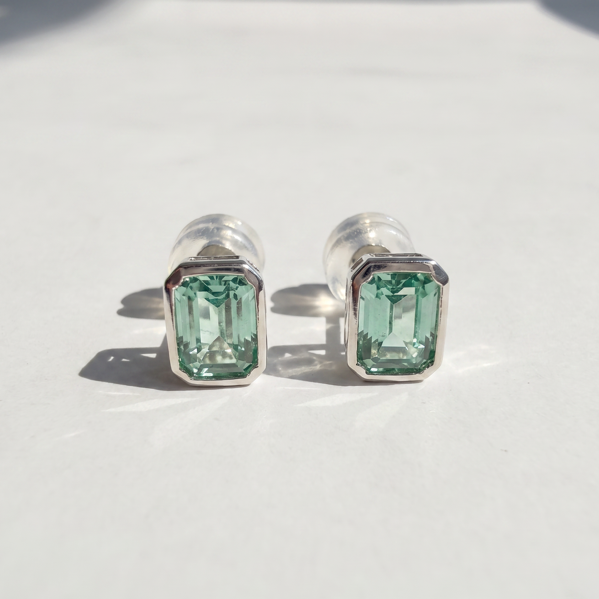 Emerald Cut Bezel Studs | Green Spinel | Sterling Silver