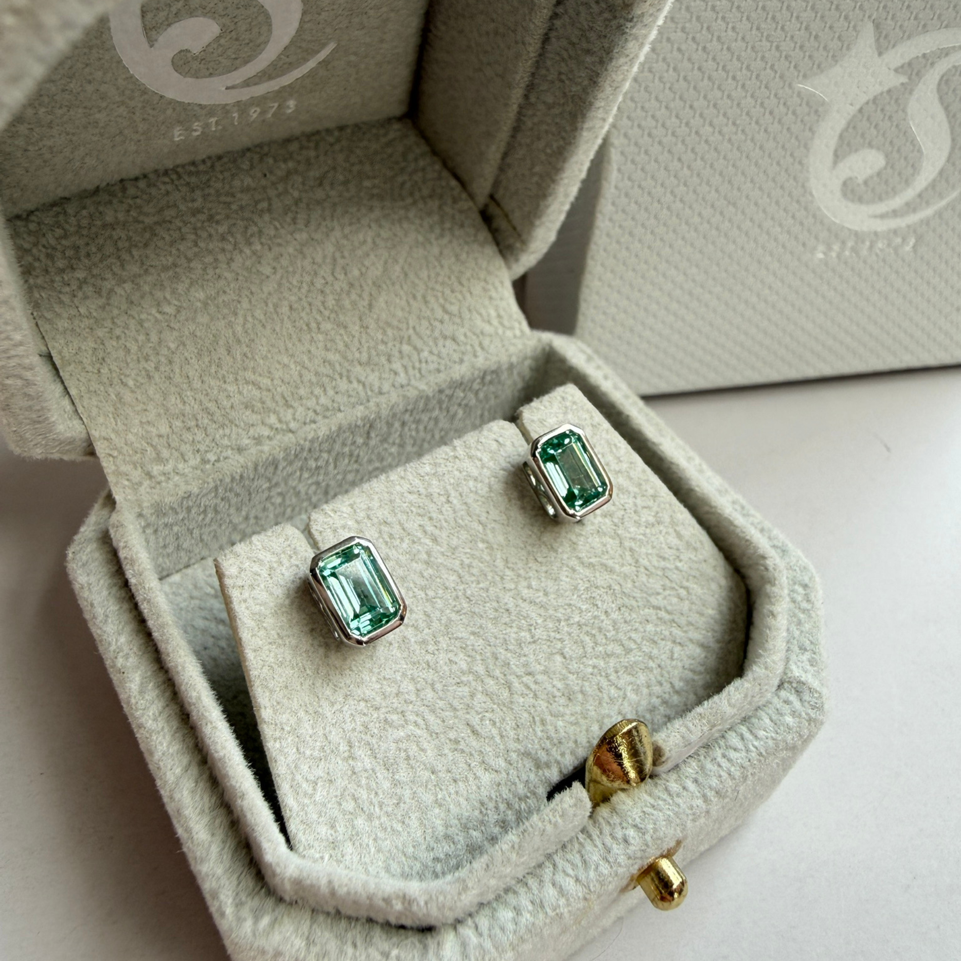 Emerald Cut Bezel Studs | Green Spinel | Sterling Silver