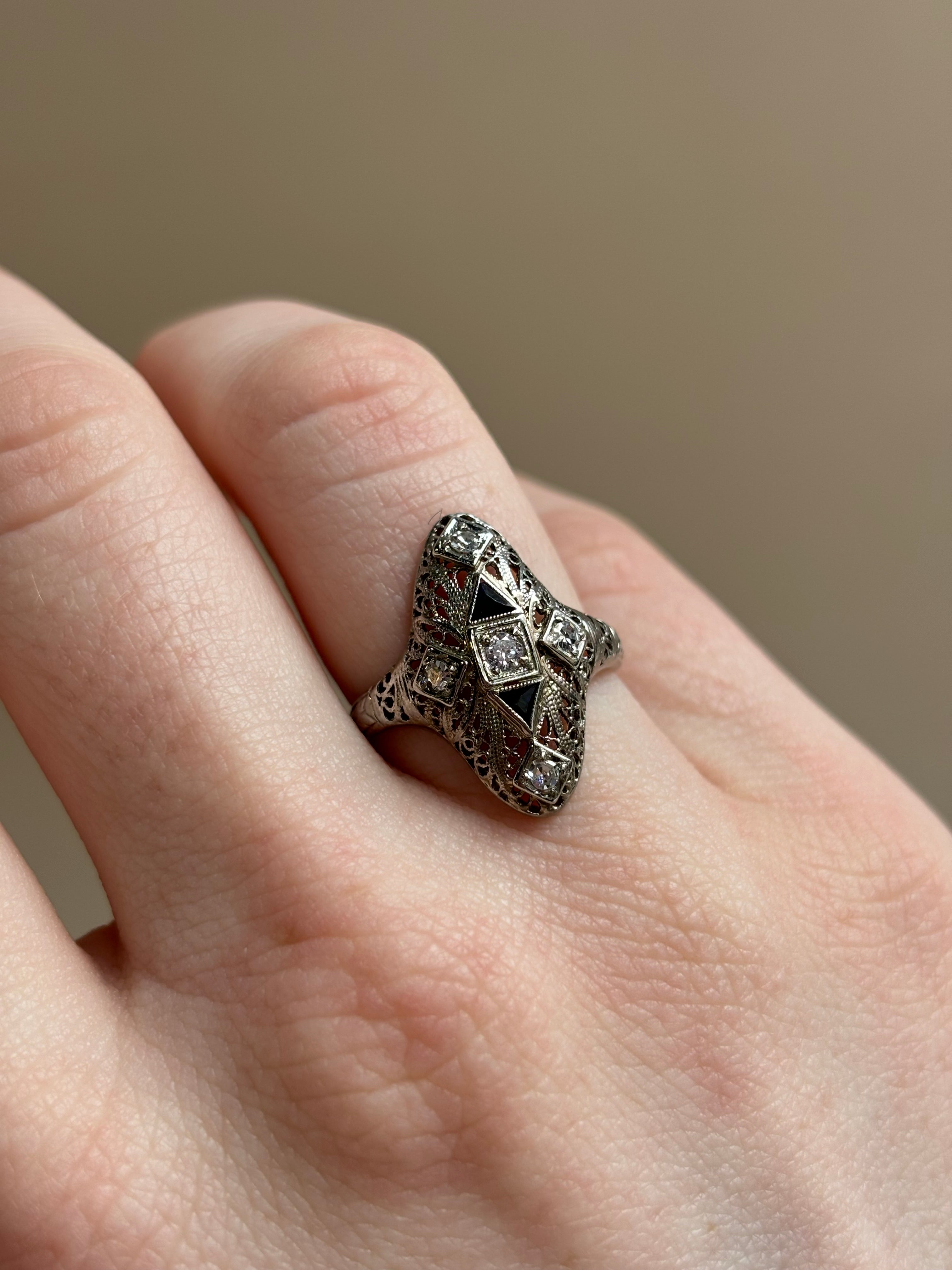 Art Deco Navette Blue Sapphire & Diamond Floral Filigree Ring | 18k White Gold | Vintage