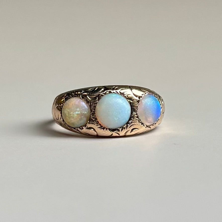 Gypsy Set Three Stone Opal Ring | 14K Yellow Gold | Vintage