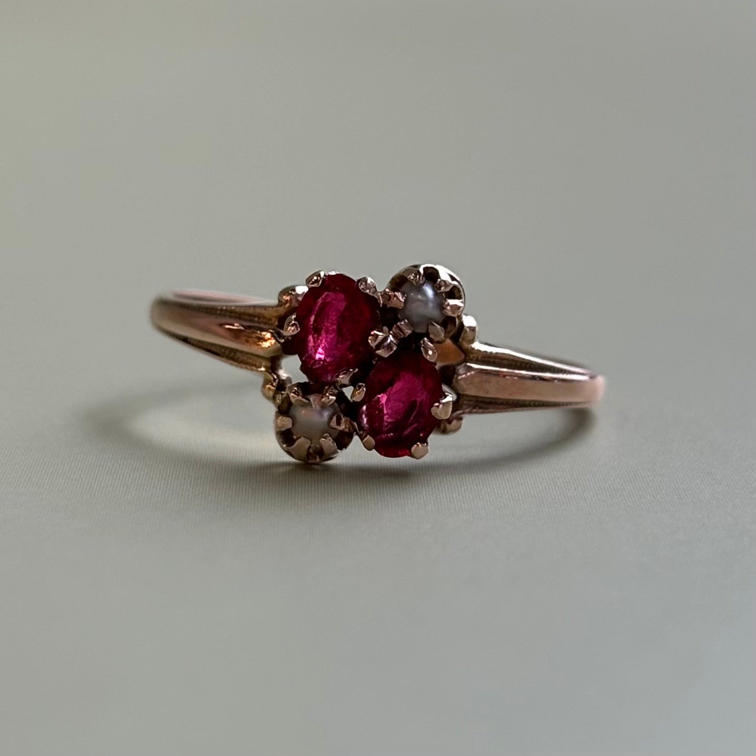 Victorian Synthetic Ruby & Seed Pearl Cluster Ring | 10k Yellow Gold | Vintage