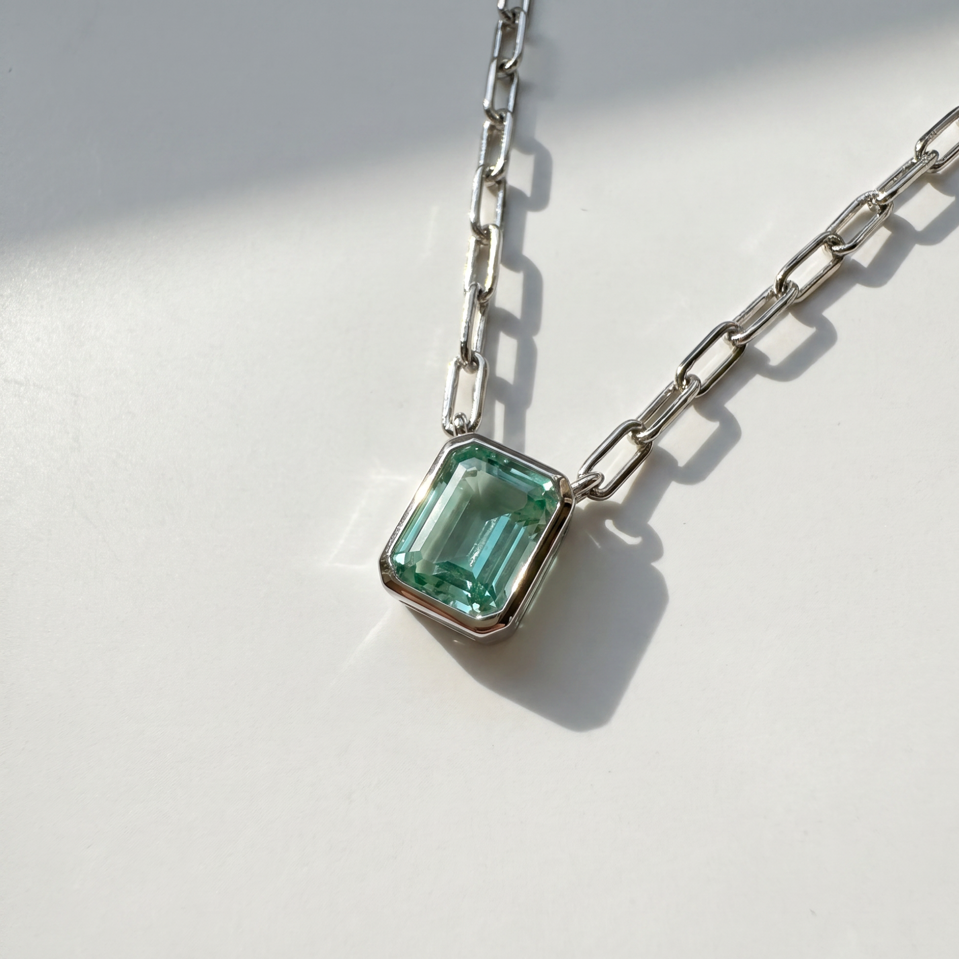 The Gemstone Bezel Necklace | Paperclip Chain | Green Spinel | Sterling Silver