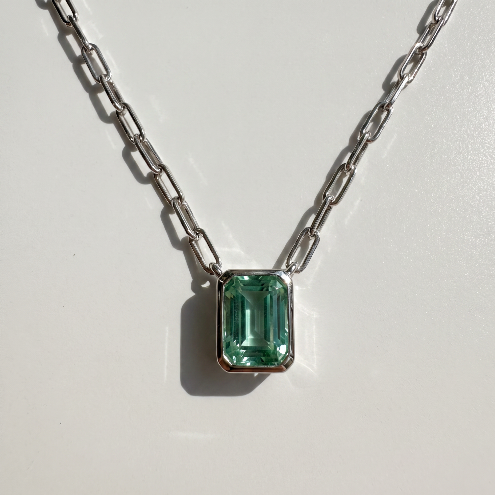 The Gemstone Bezel Necklace | Paperclip Chain | Green Spinel | Sterling Silver