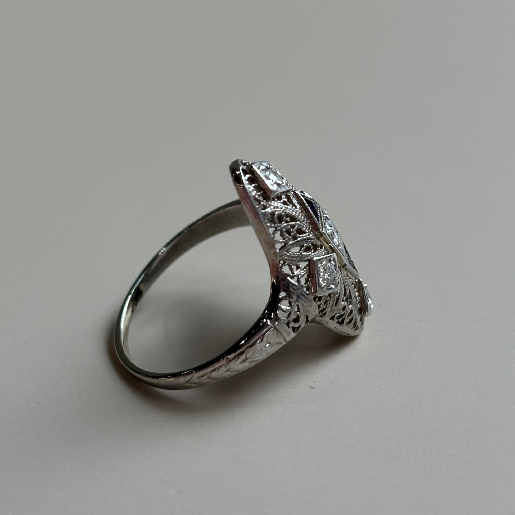 Art Deco Navette Blue Sapphire & Diamond Floral Filigree Ring | 18k White Gold | Vintage