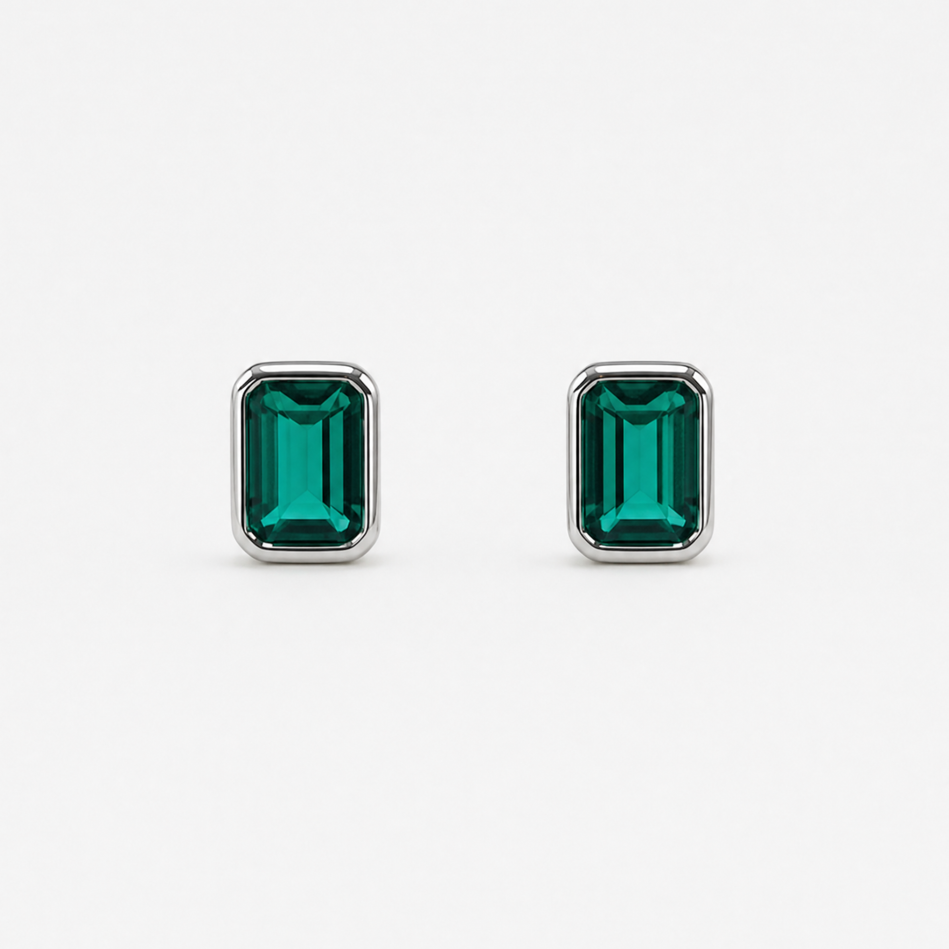 Emerald Cut Bezel Studs | Emerald | Sterling Silver