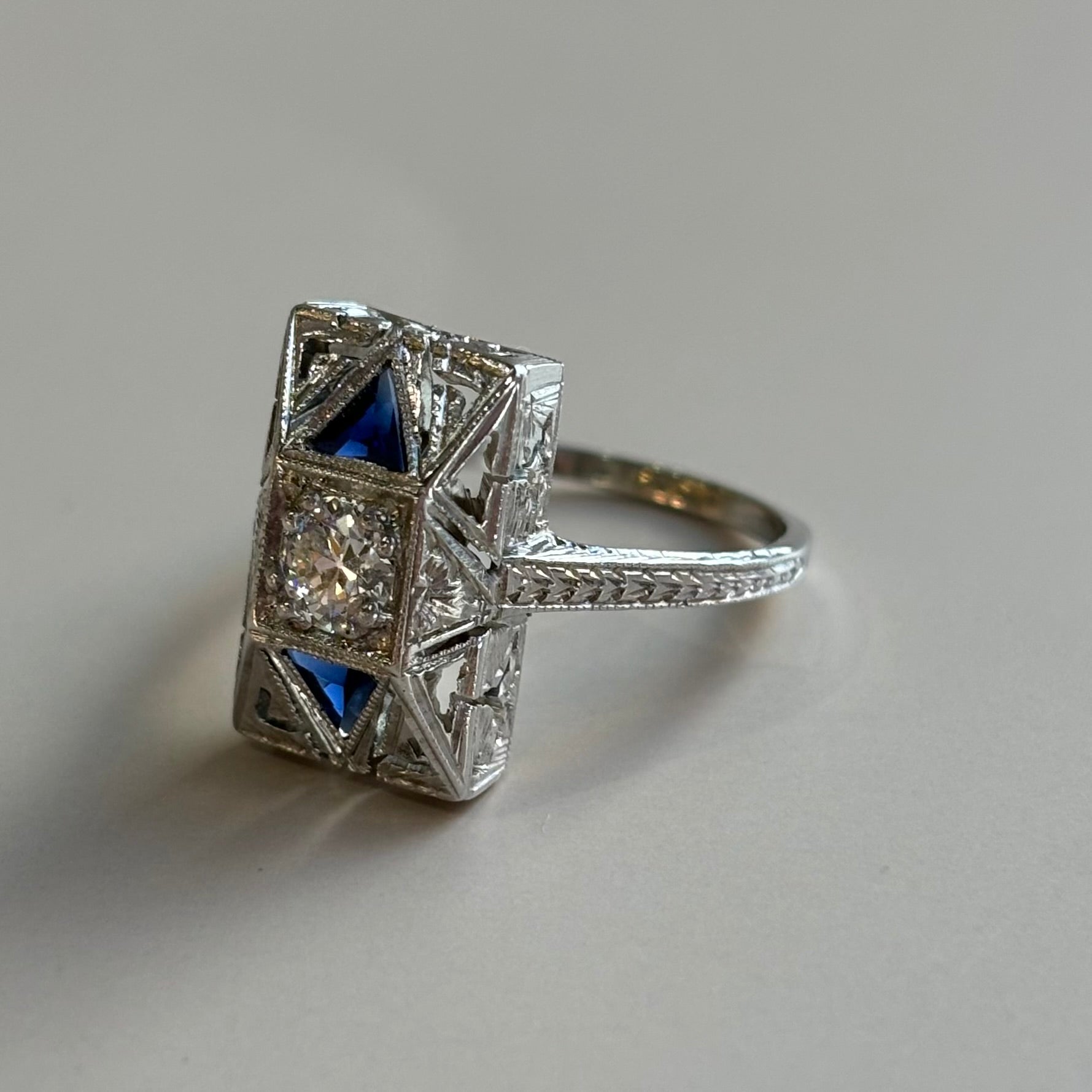 Art Deco Diamond & Sapphire Ring | 20K White Gold | Vintage