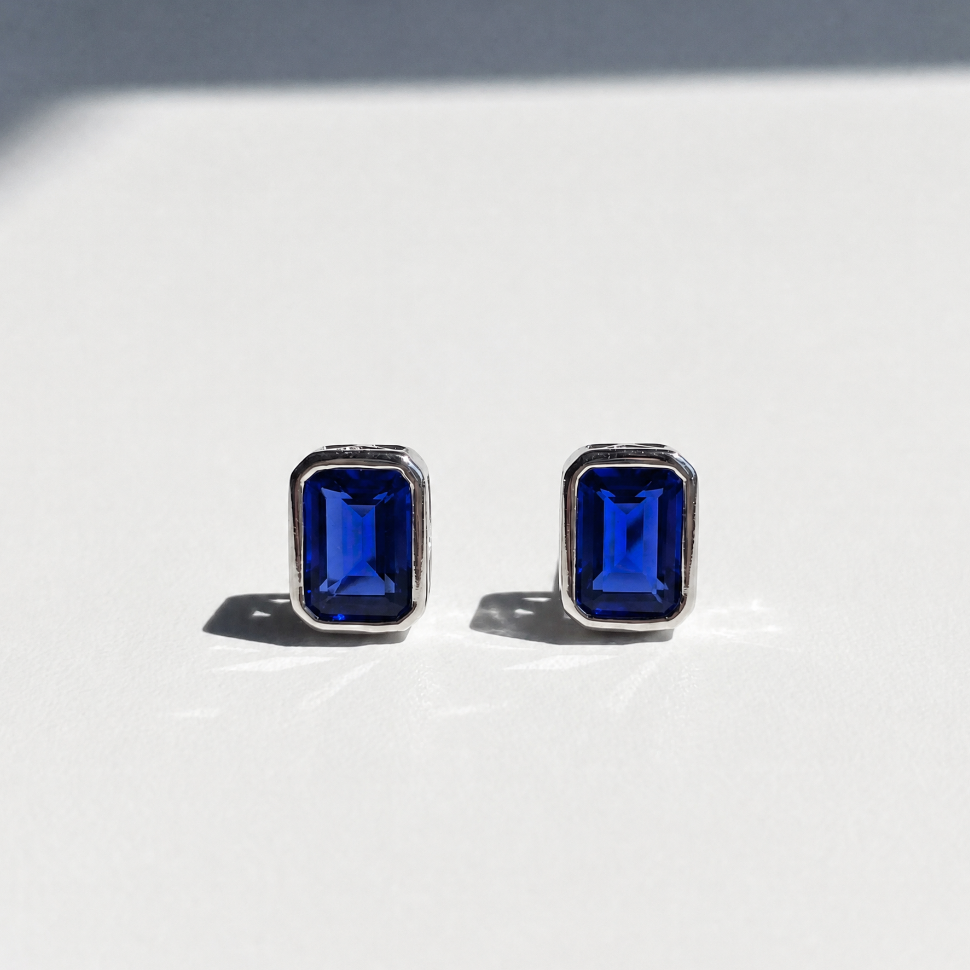 Emerald Cut Bezel Studs | Blue Sapphire | Sterling Silver