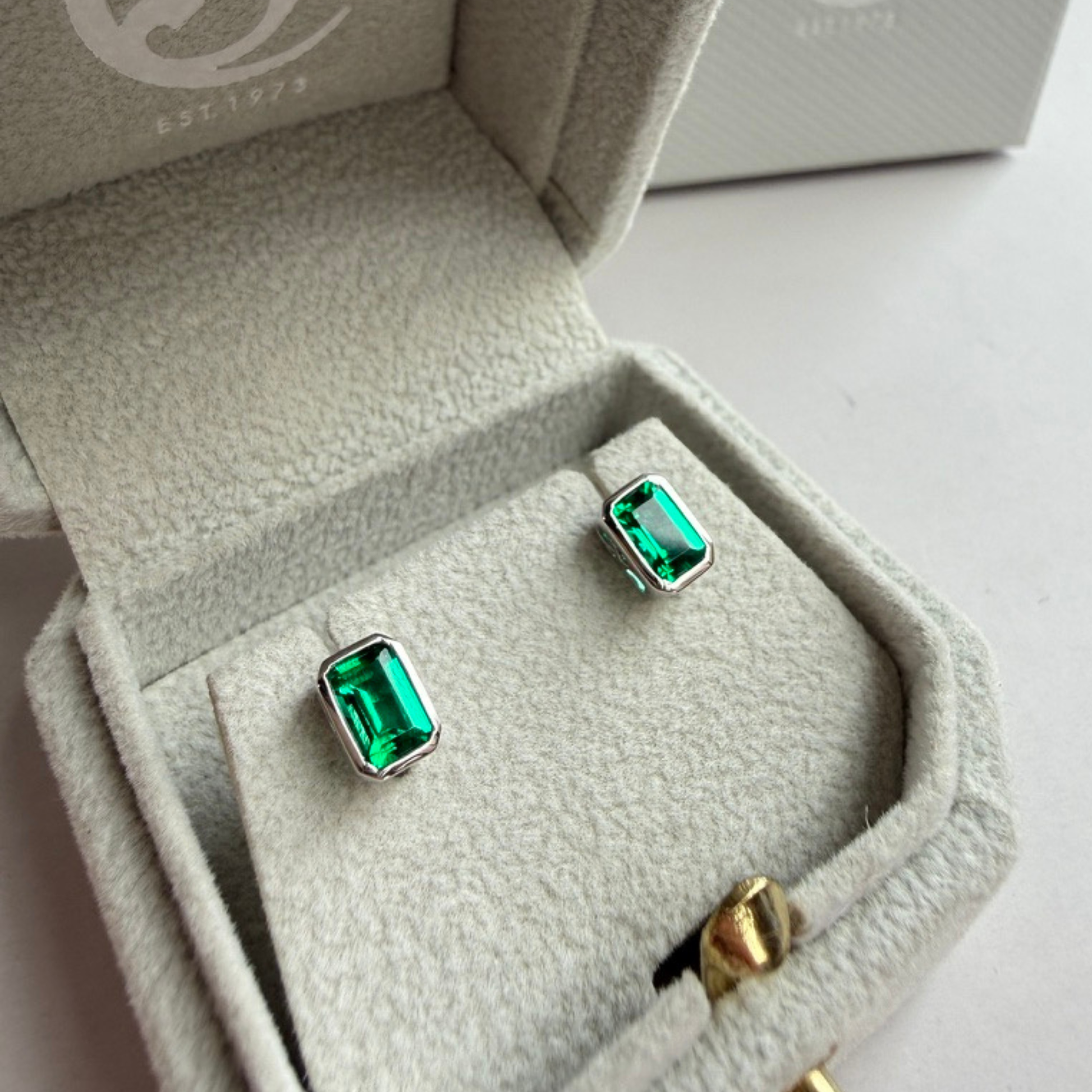 Emerald Cut Bezel Studs | Emerald | Sterling Silver