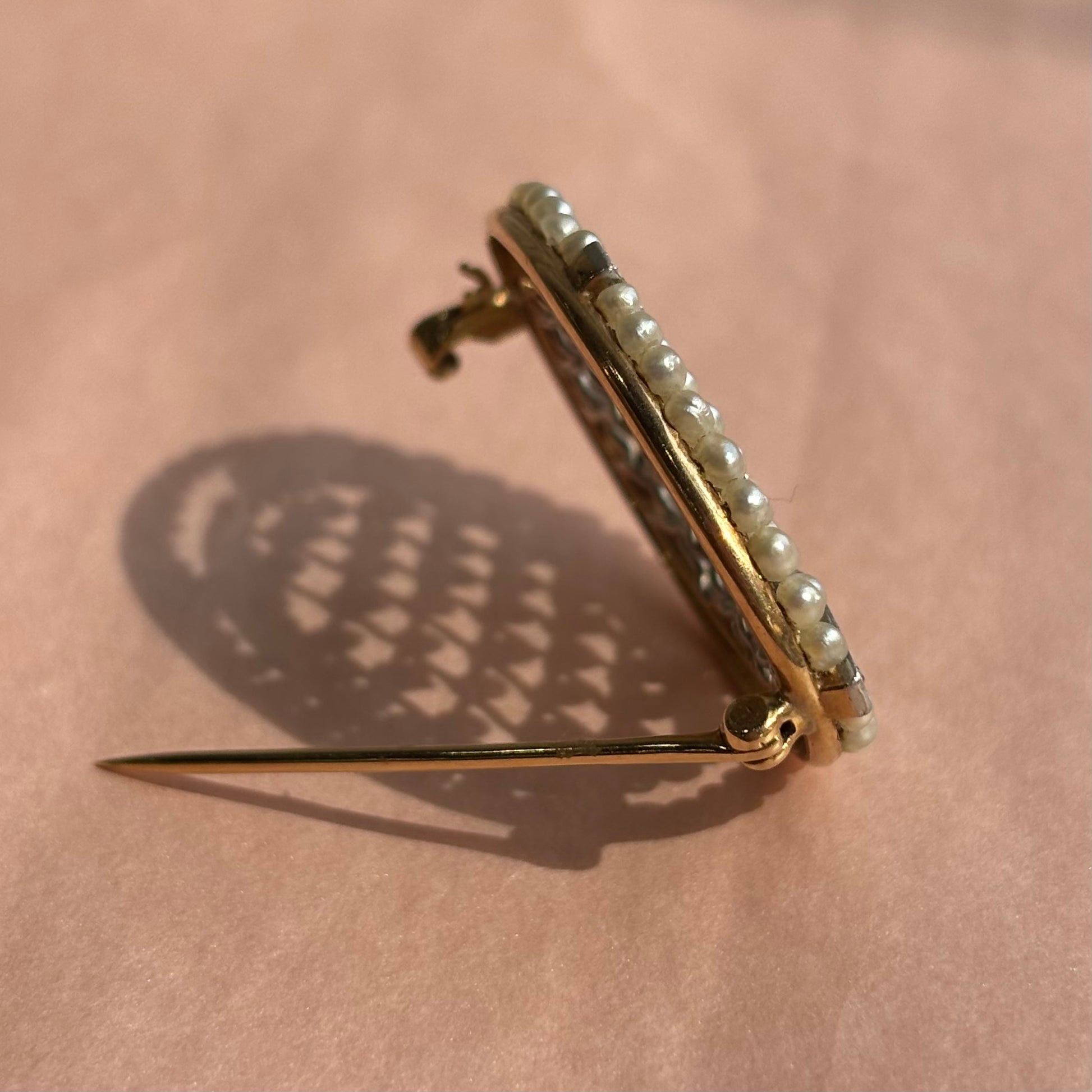 Edwardian Seed Pearl & Diamond Oval Brooch Pin | 14k Gold & Platinum | Vintage