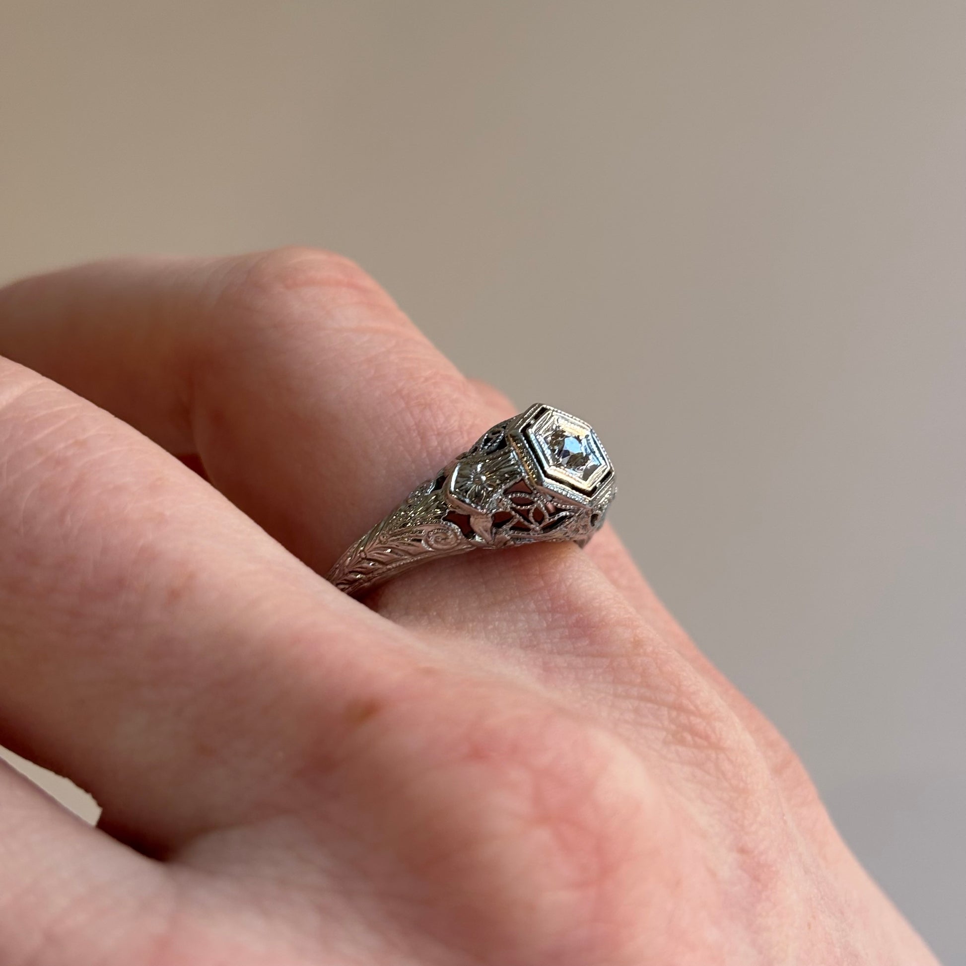 Art Deco Diamond Hexagonal Bezel Filigree Ring | 18k White Gold | Vintage